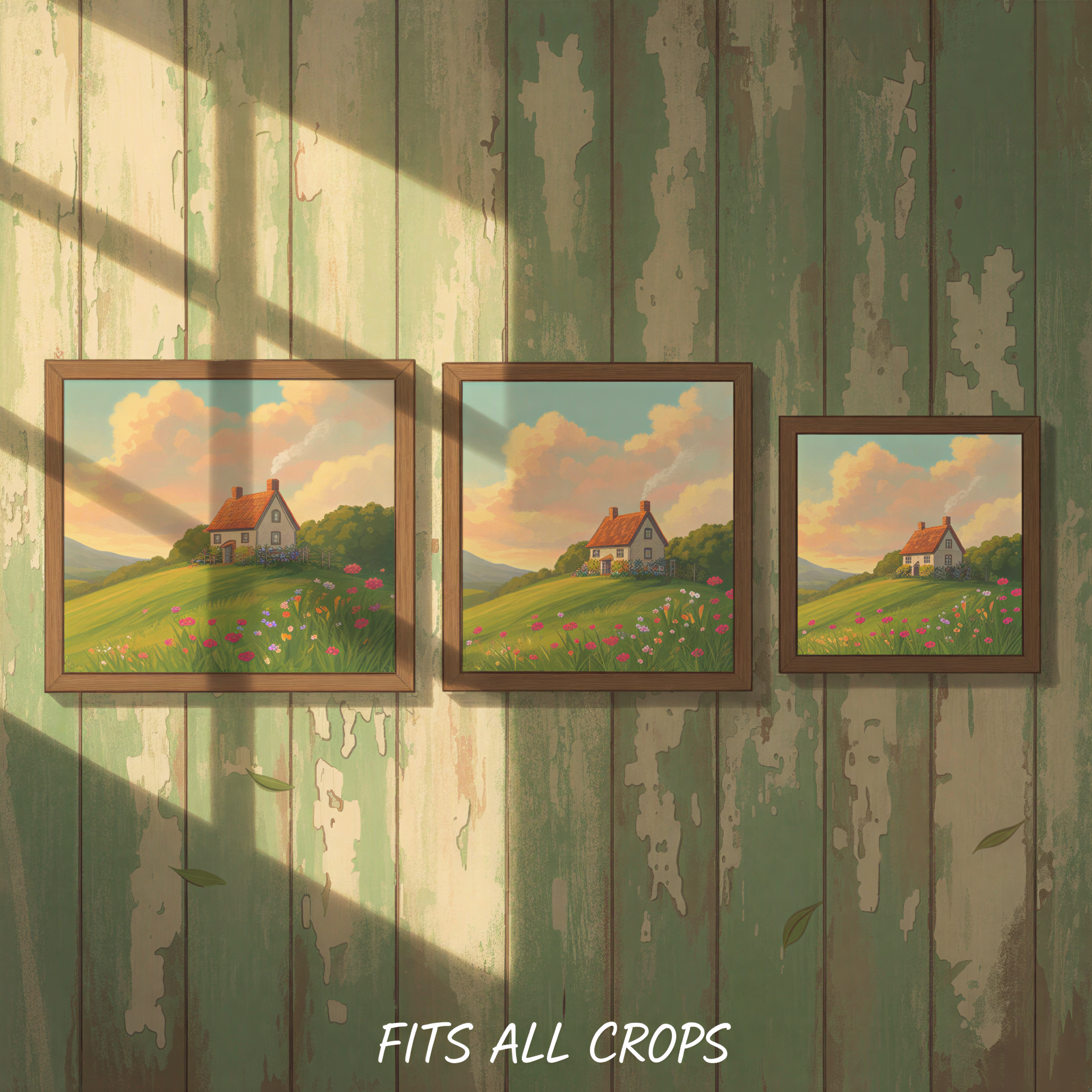Studio Ghibli aesthetic drawing. Focus on a series of identical, beautiful landscape paintings of a small, cozy house on a green hill, displayed within frames of different aspect ratios (a wide panoramic frame, a standard frame, and a square frame). Soft afternoon lighting, warm greens and yellows. The image emphasizes that the core content must fit all crops.