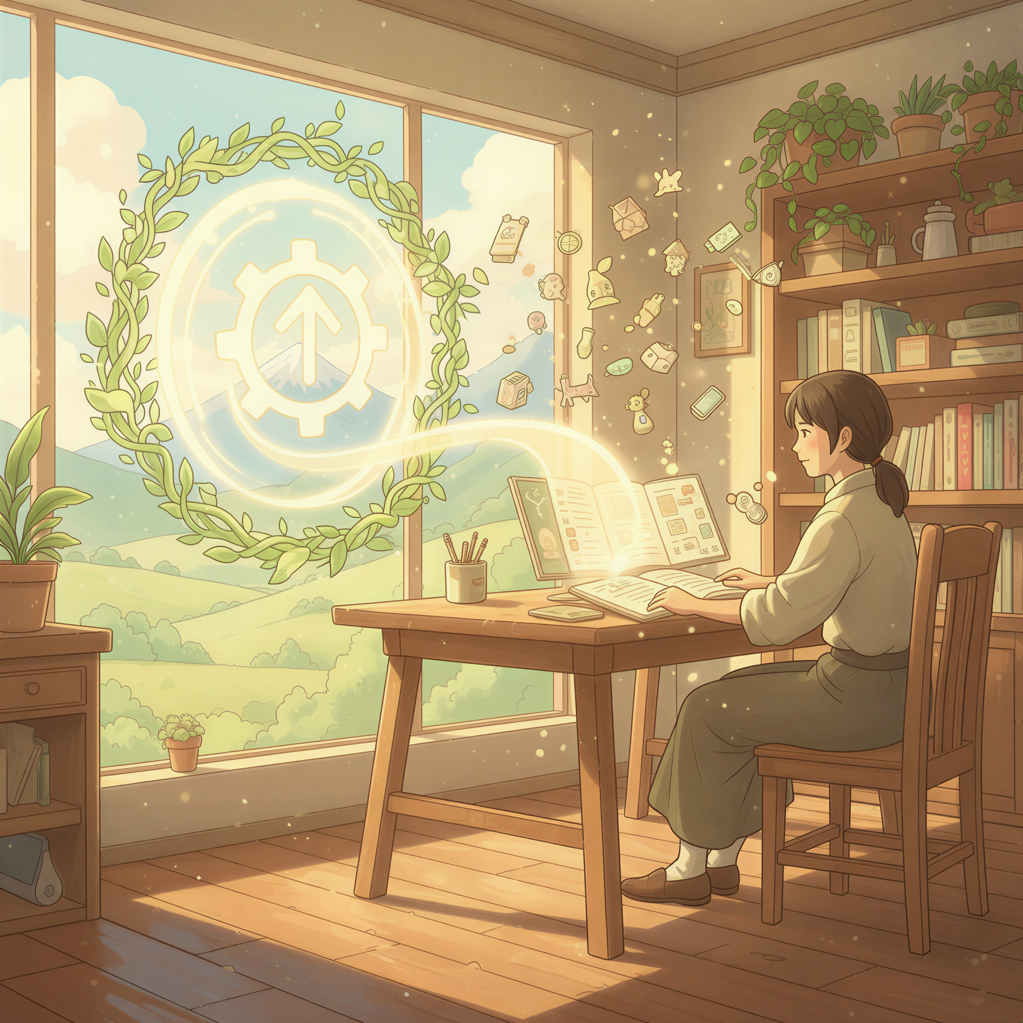 Studio Ghibli aesthetic illustration symbolizing efficiency. A writer sits calmly at a simple desk. A bright, ethereal stream of light flows rapidly from their open notebook/screen into a glowing, clean portal marked with a stylized icon. From the portal emerge perfectly formed, smaller illustrations ready for use. Warm, energetic lighting (yellows and light oranges).