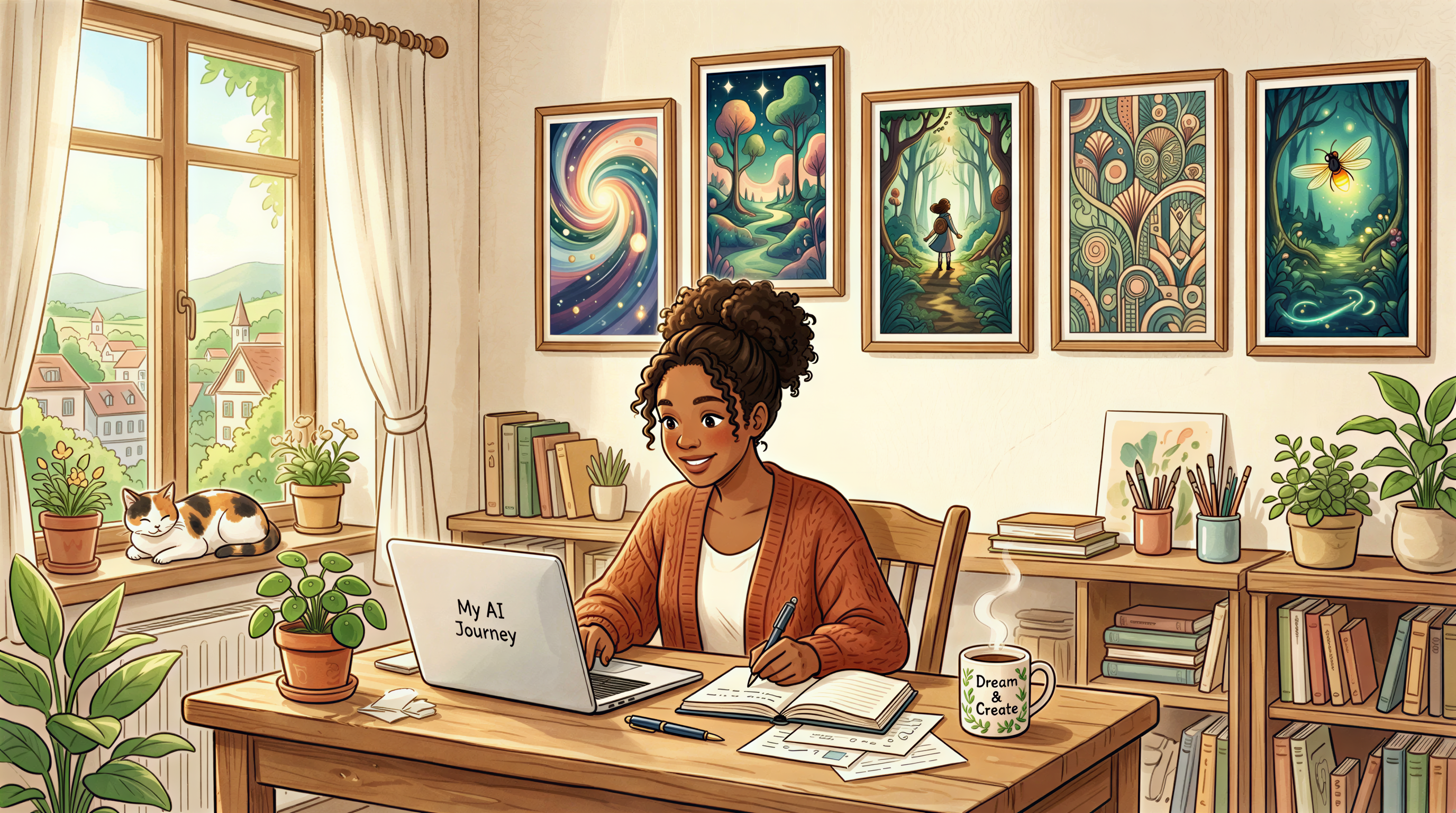Studio Ghibli-inspired frame showing AI tools by job for bloggers on a cozy desk