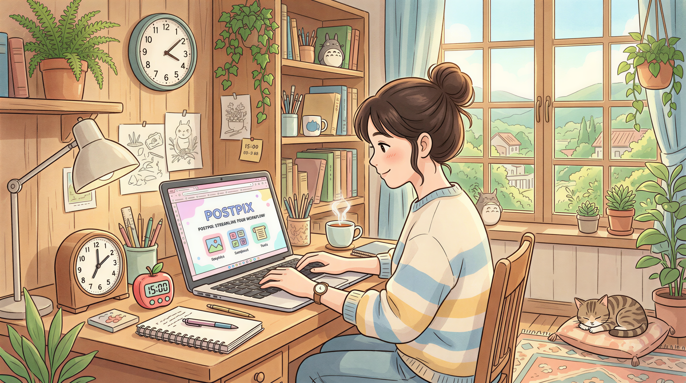 Time efficiency comparison between Canva and Postpix illustrated in a Studio Ghibli-inspired scene