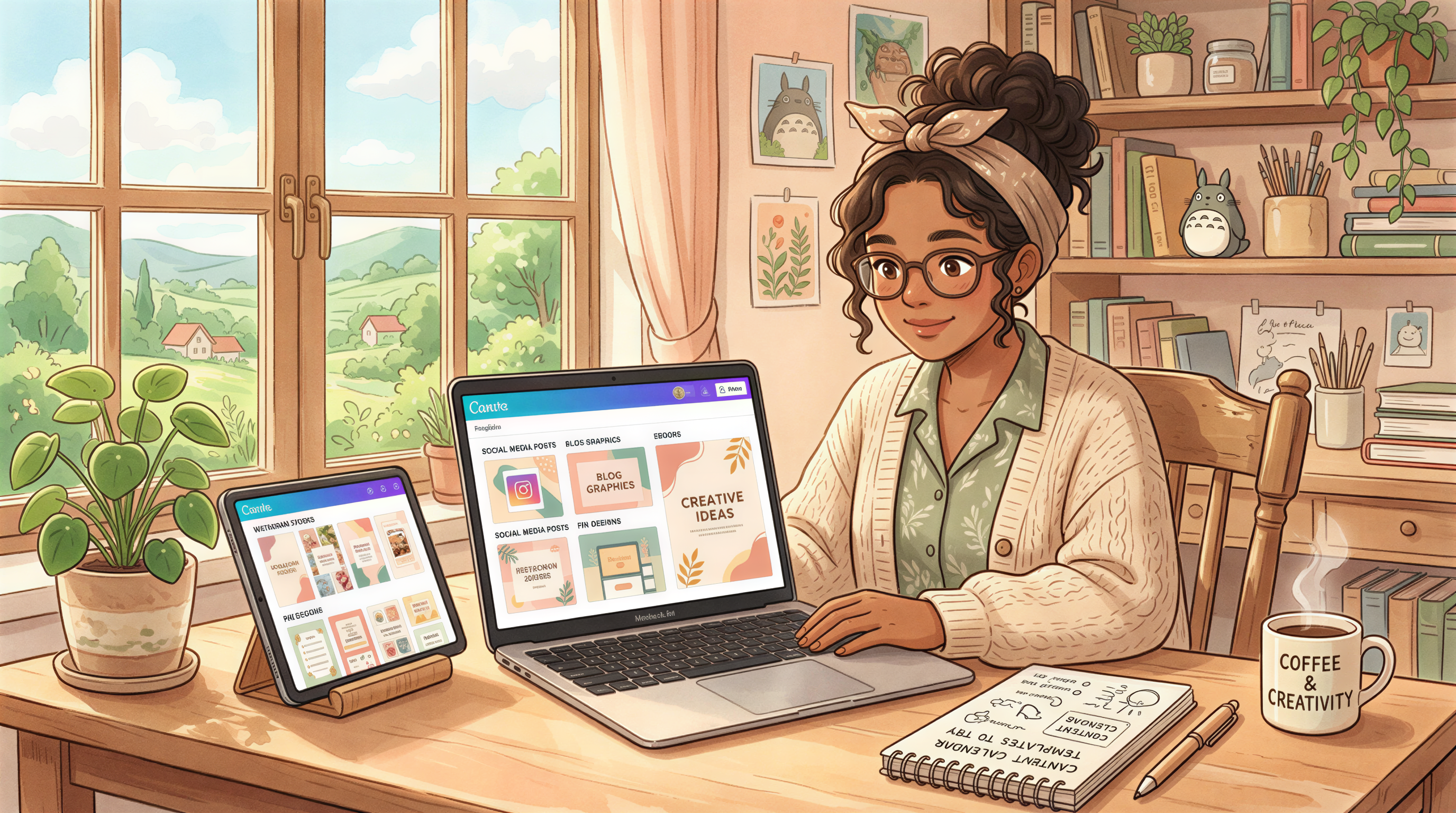 Canva strengths for social templates and quick designs illustrated in a cozy Studio Ghibli scene