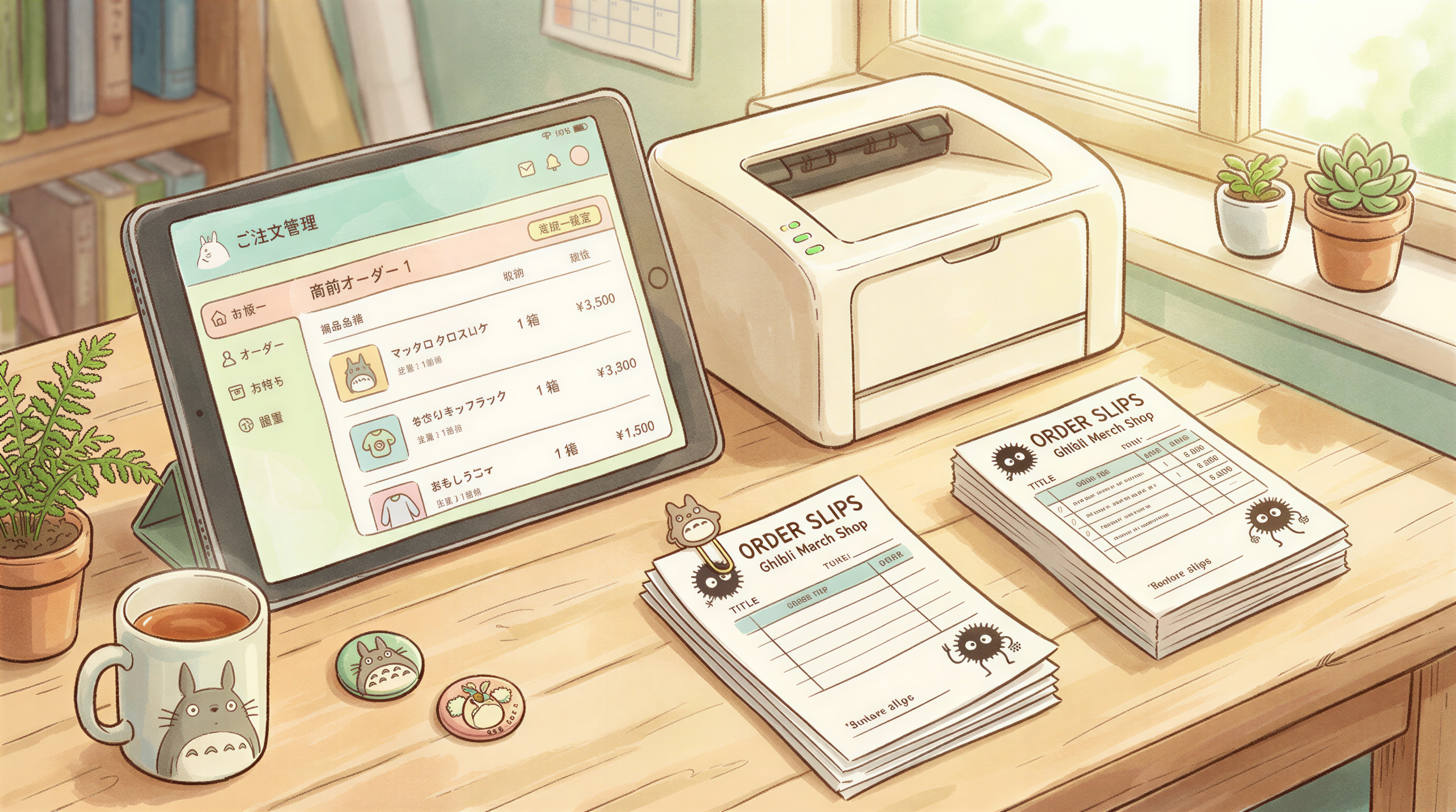 Components of a small shop click-and-collect system including tablet, printer, and order paper