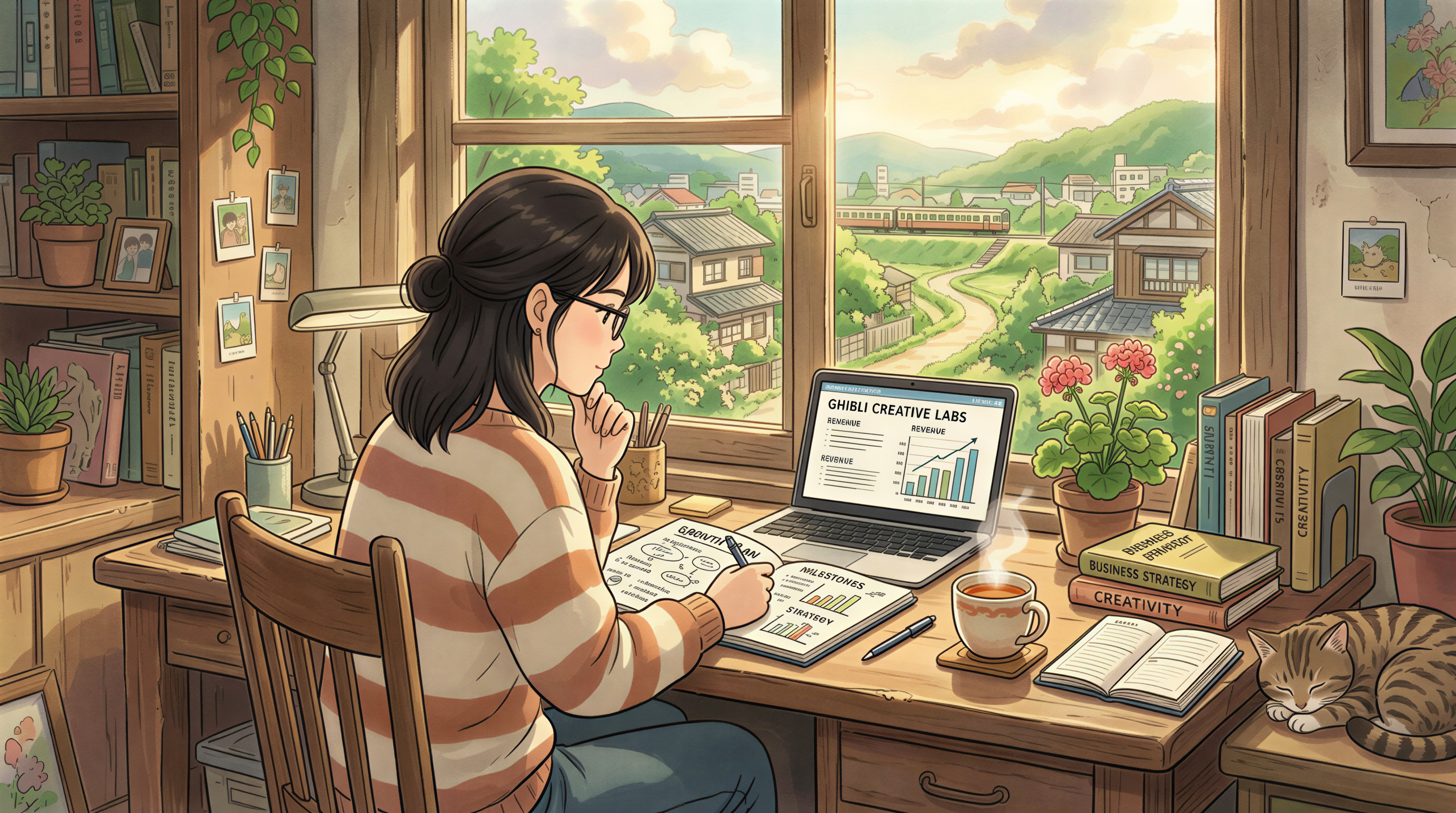 A business owner reviewing growth and order spreadsheets in a sunlit workspace