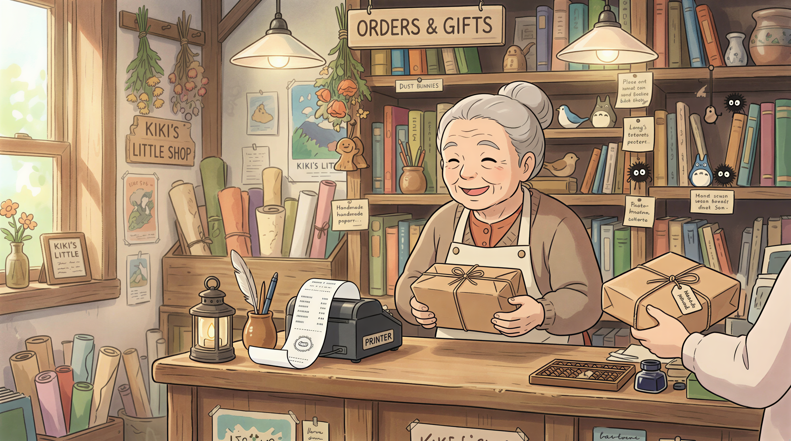 A peaceful shop counter with an auto-printing setup for customer orders