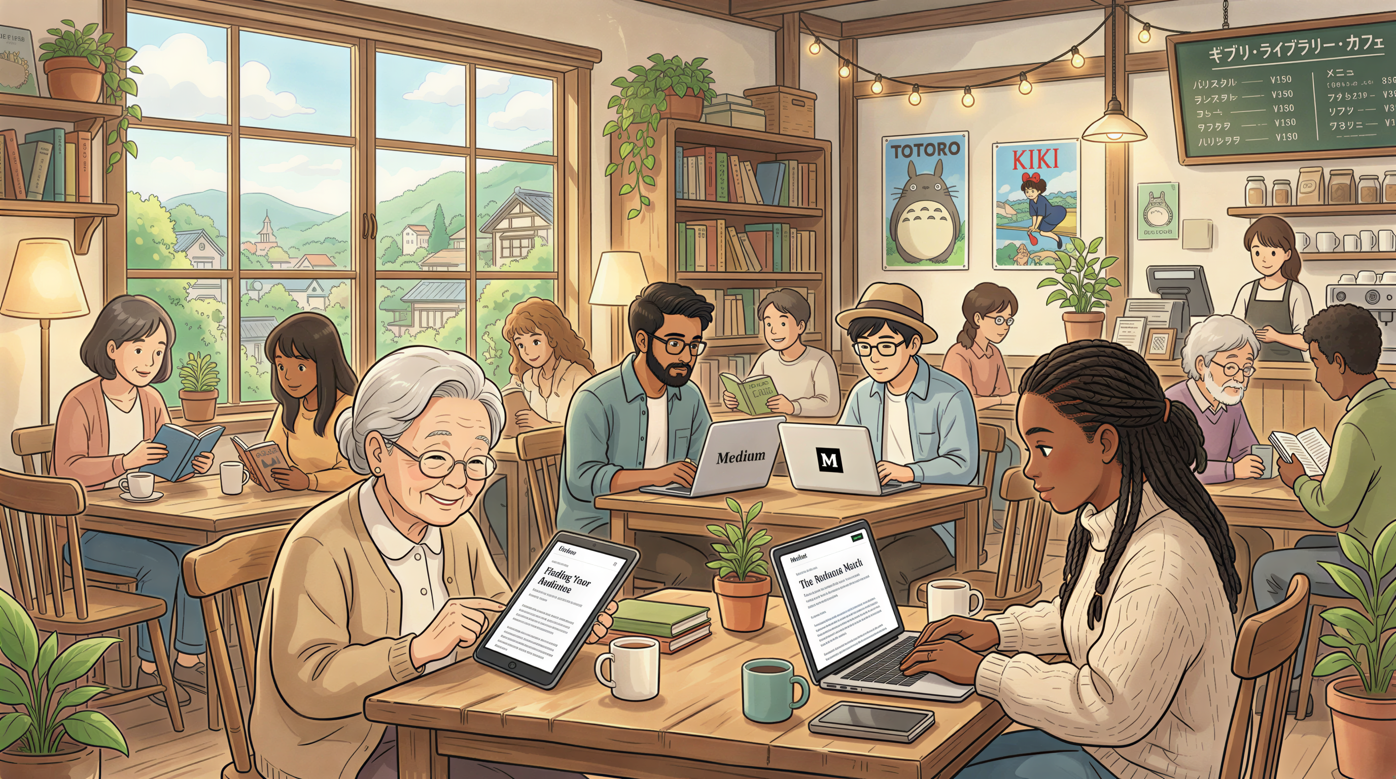 Diverse readers engaging with Medium articles in a warm, cozy cafe