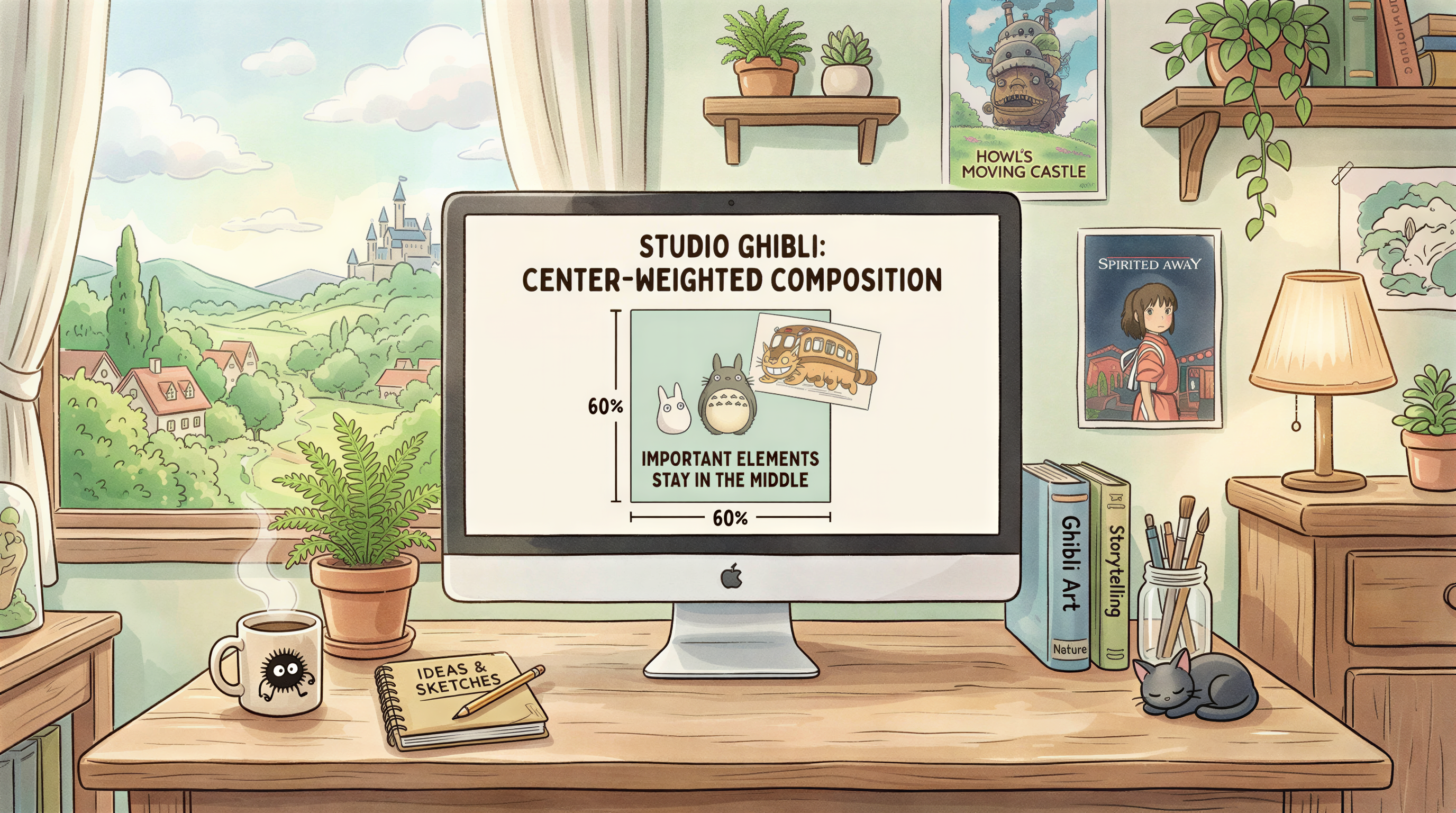 Center-safe composition rule illustrated with a central focal subject and generous side padding