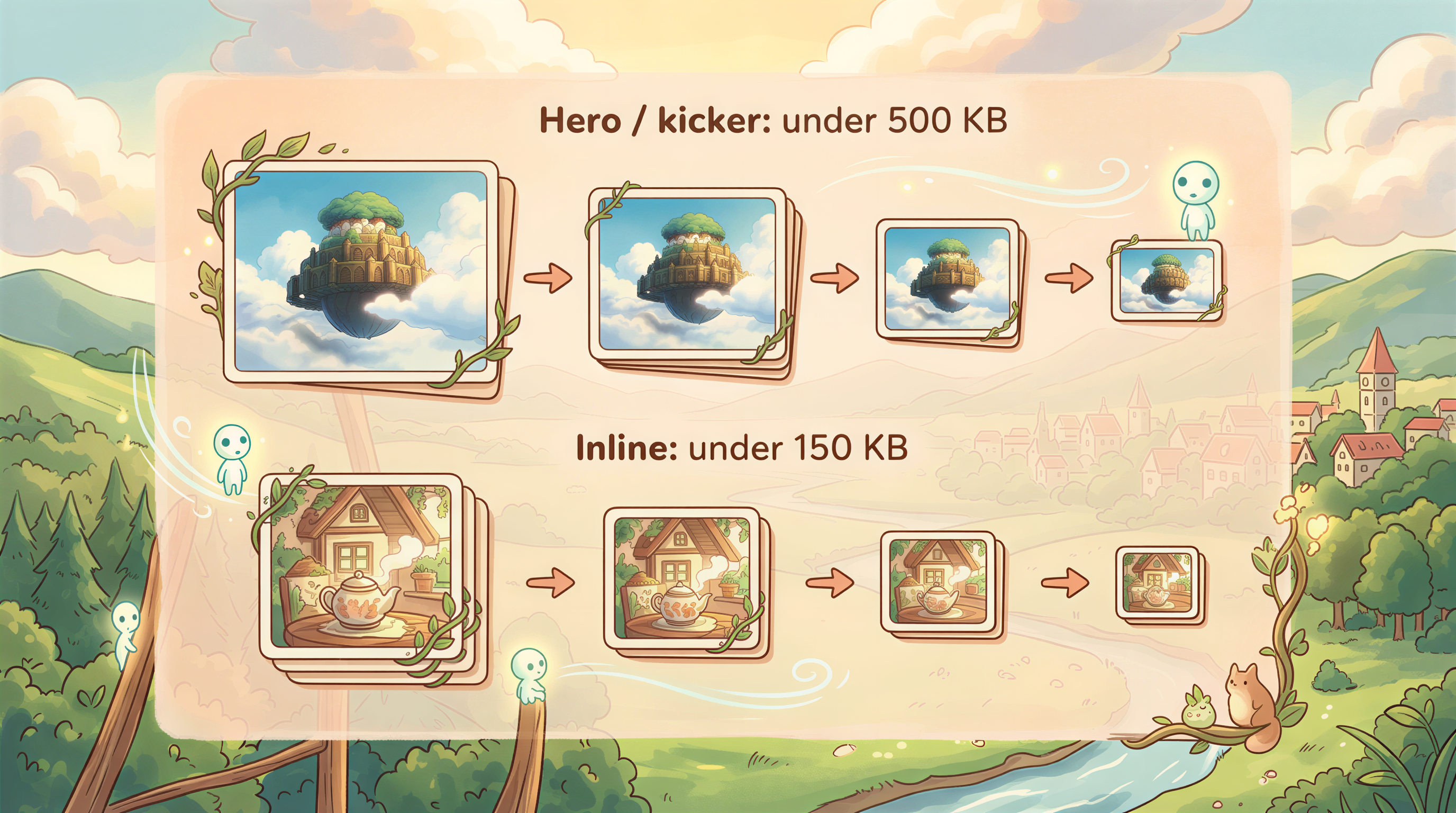 Visual showing compression targets for Medium headers: 500 KB and 150 KB in a soft pastel layout