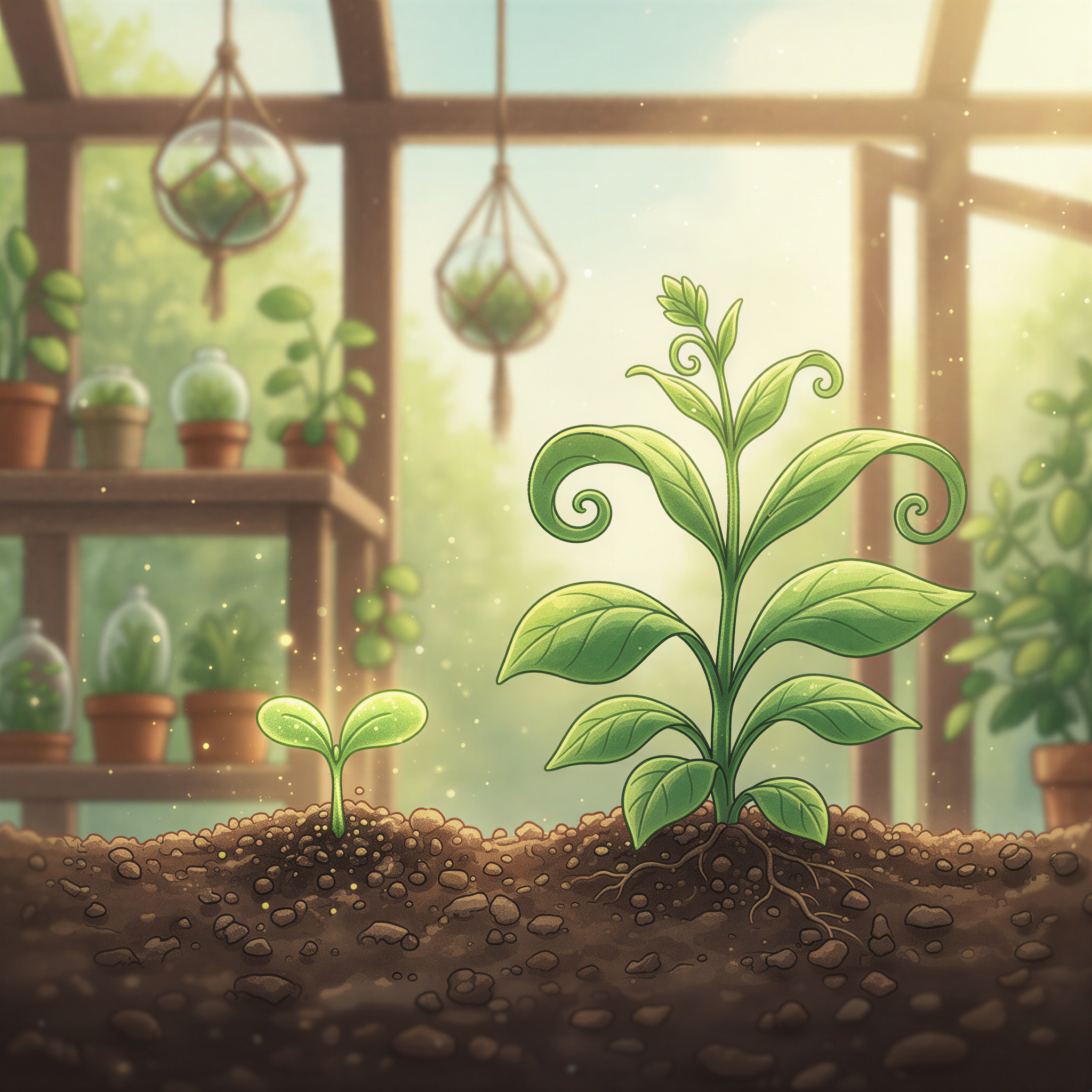Ghibli style image of a tiny seedling sprouting next to a healthy, growing plant, symbolizing early detection in child health monitoring.