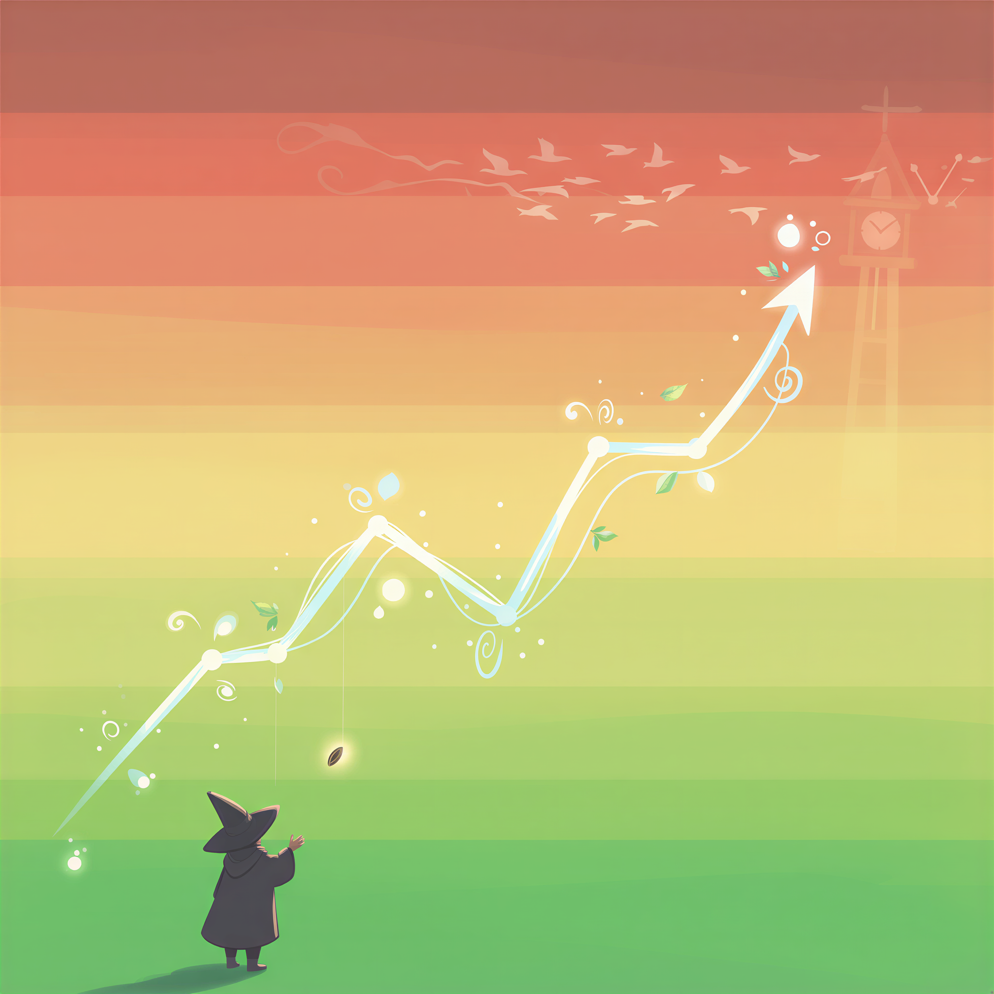 Studio Ghibli aesthetic, conceptual illustration focusing on abstract color zones. Three distinct, slightly translucent horizontal bands of color—bright green (bottom), soft yellow (middle), and muted red/orange (top)—overlap slightly. A dynamic, slightly flattening line graph travels from the green zone into the yellow zone.