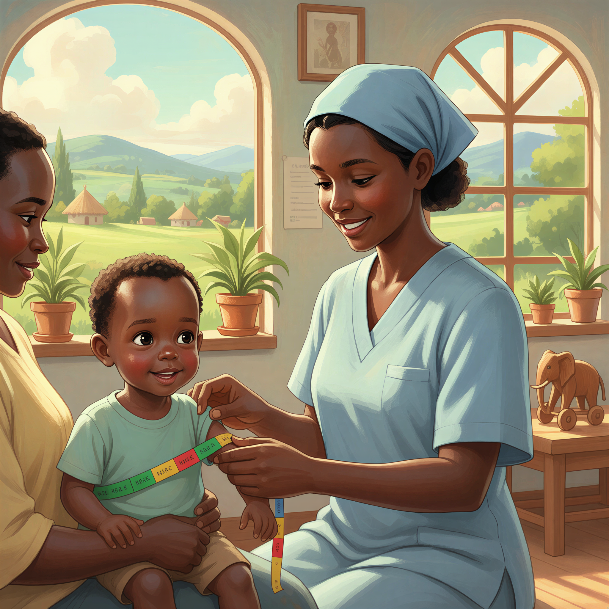 Studio Ghibli style image of a nurse accurately measuring a toddler's arm circumference using a colorful MUAC tape in a bright clinic setting.