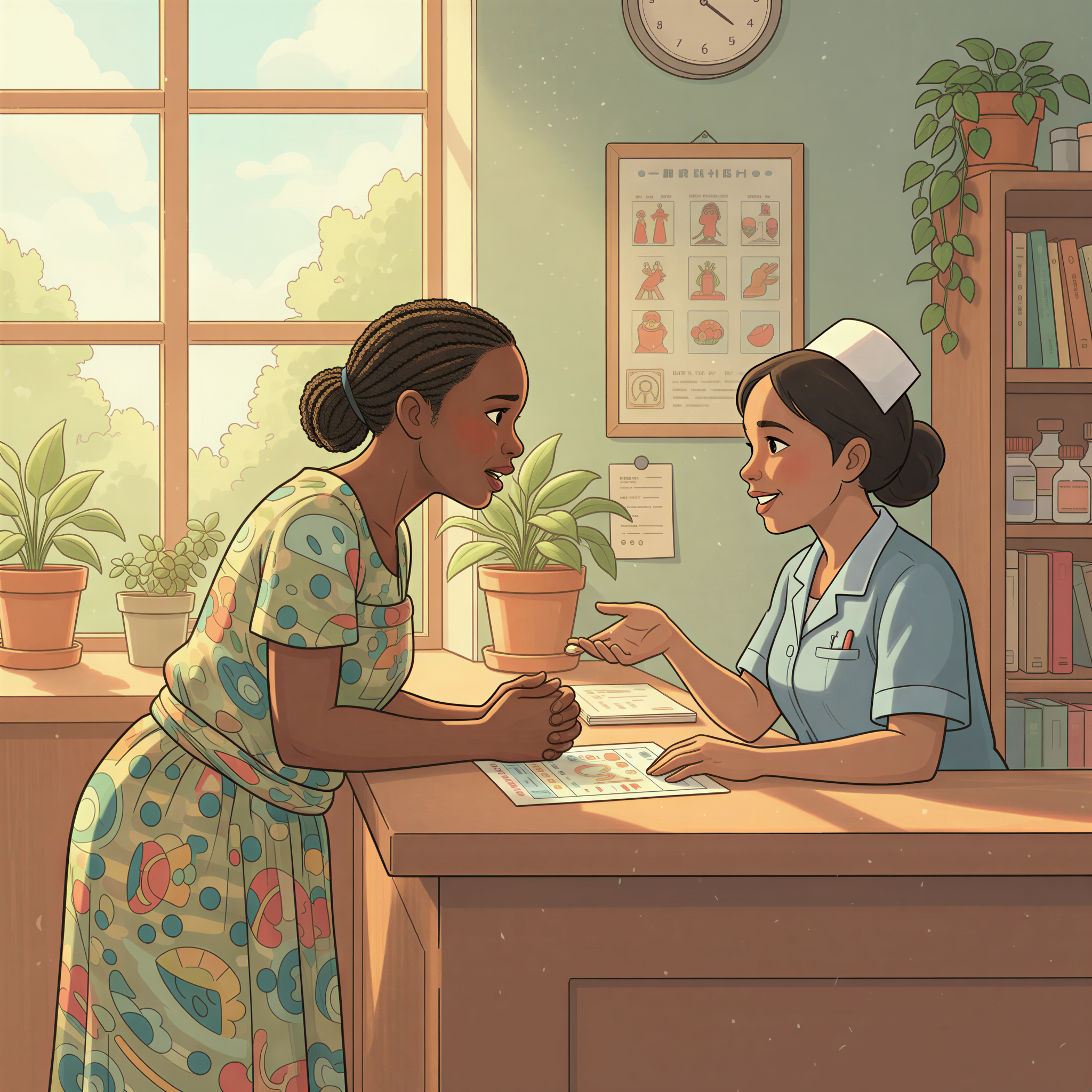 Studio Ghibli aesthetic illustration. A concerned but proactive Kenyan mother leans slightly forward across a clinic counter towards a friendly, listening nurse. The nurse gestures thoughtfully towards the growth card visible on the counter.