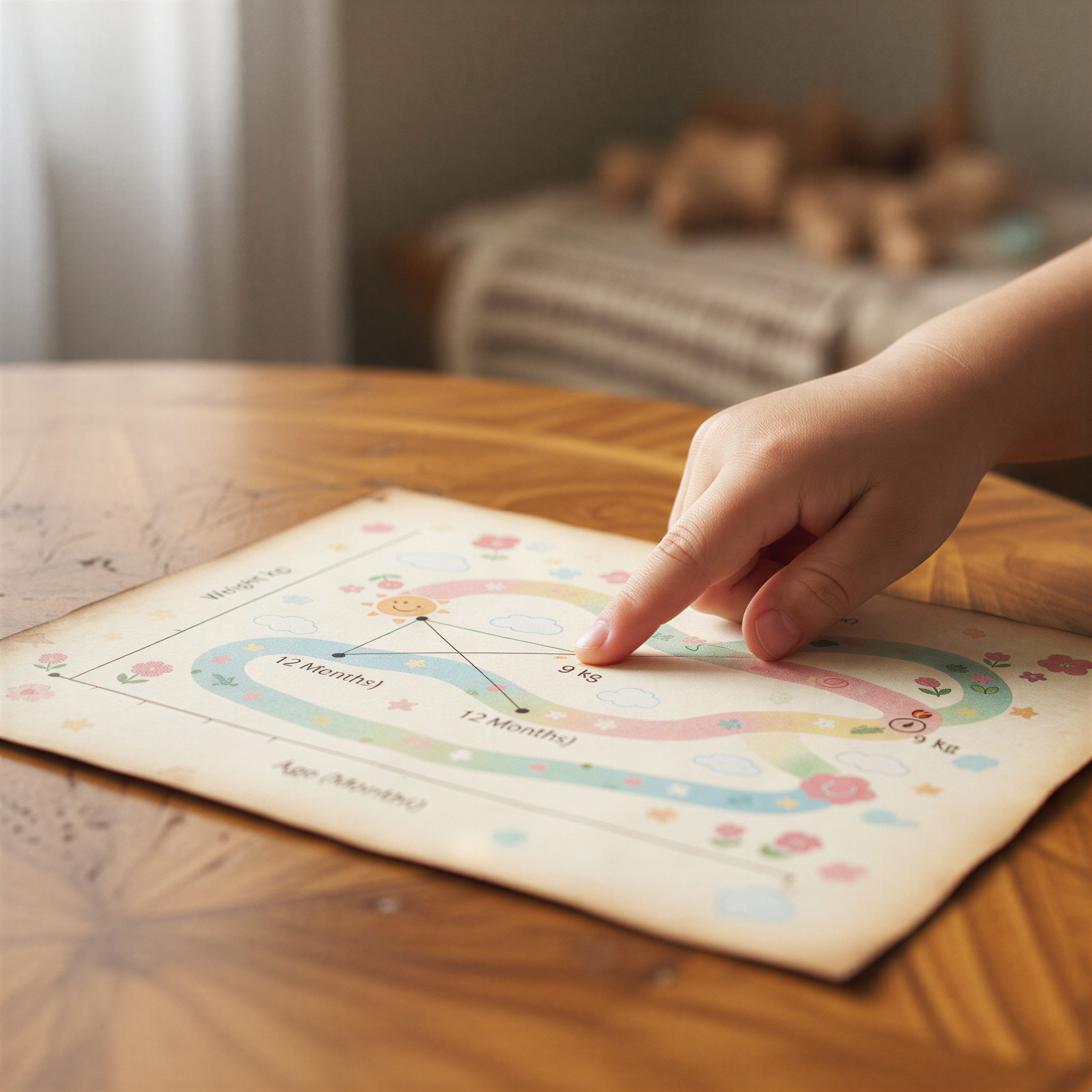 Studio Ghibli aesthetic, highly detailed close-up shot. A small child's hand with clean nails points gently towards the intersection of an age line (horizontal axis) and a weight measurement (vertical axis) on a colorful, stylized growth chart laid on a warm, polished wooden surface.