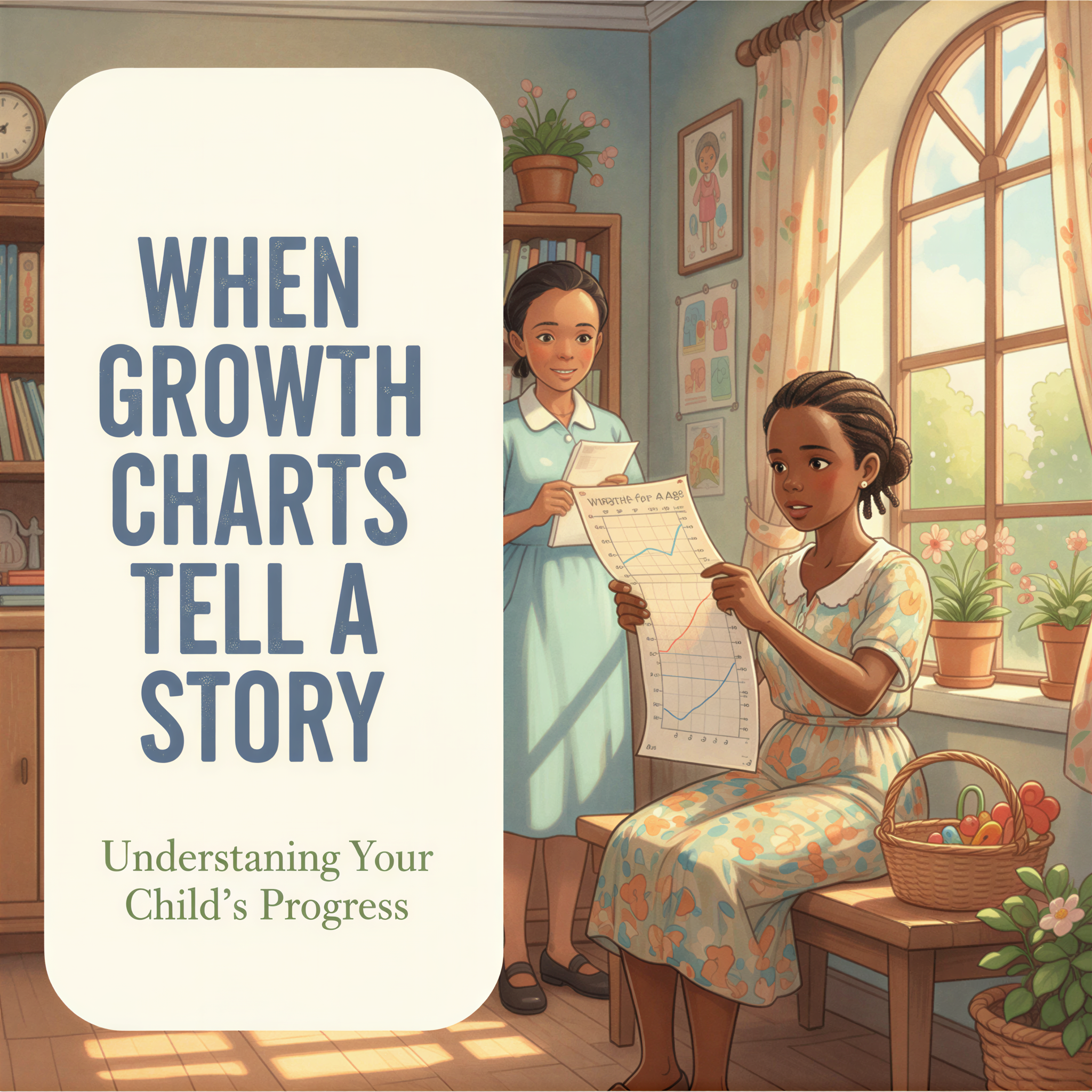 Studio Ghibli style illustration of a Kenyan mother holding a growth chart, with soft sunlight illuminating her and a supportive nurse in the background.