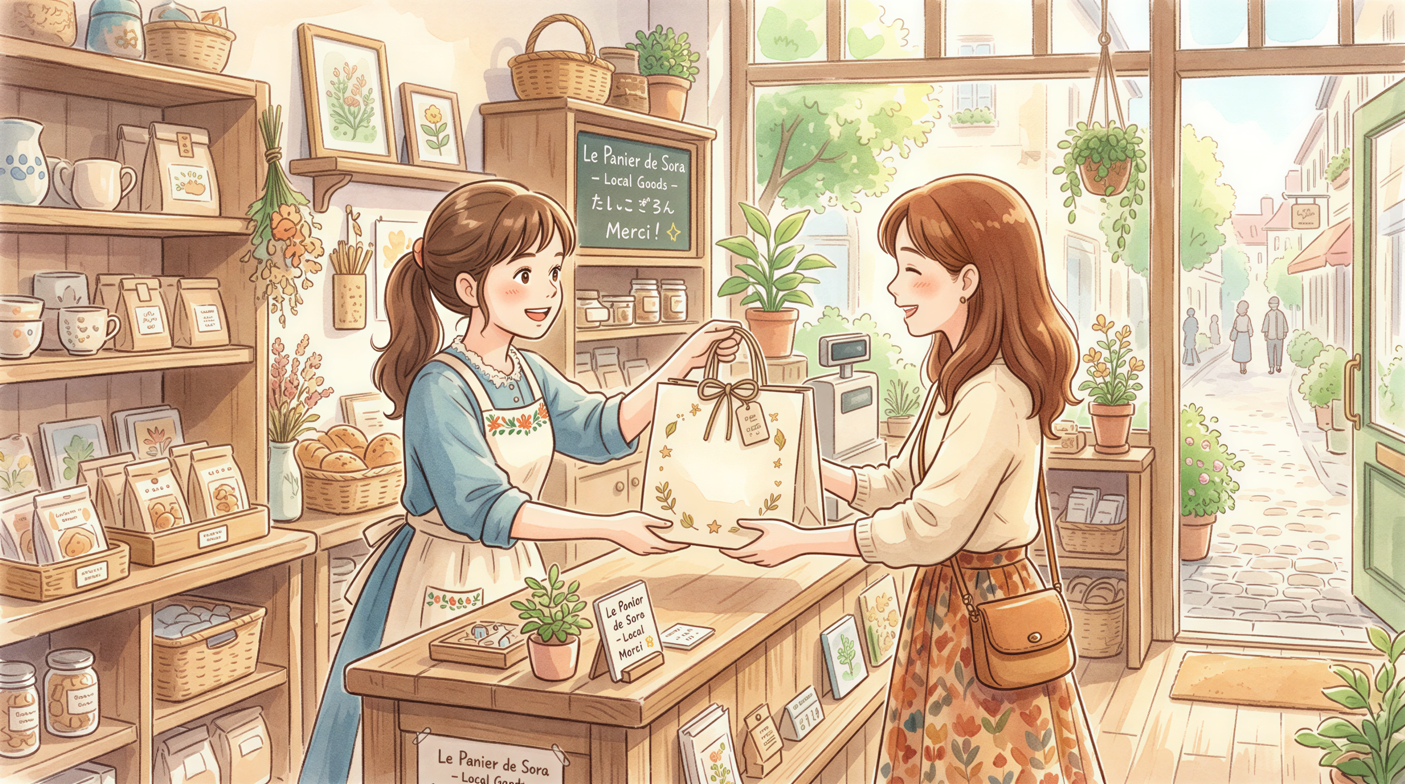 Customer happily picking up an order at a small local store