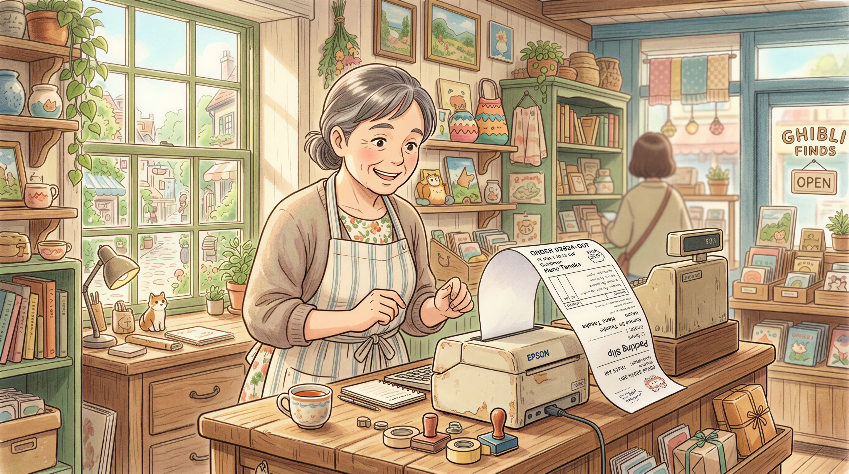A small business owner checking a printed order slip from an online storefront