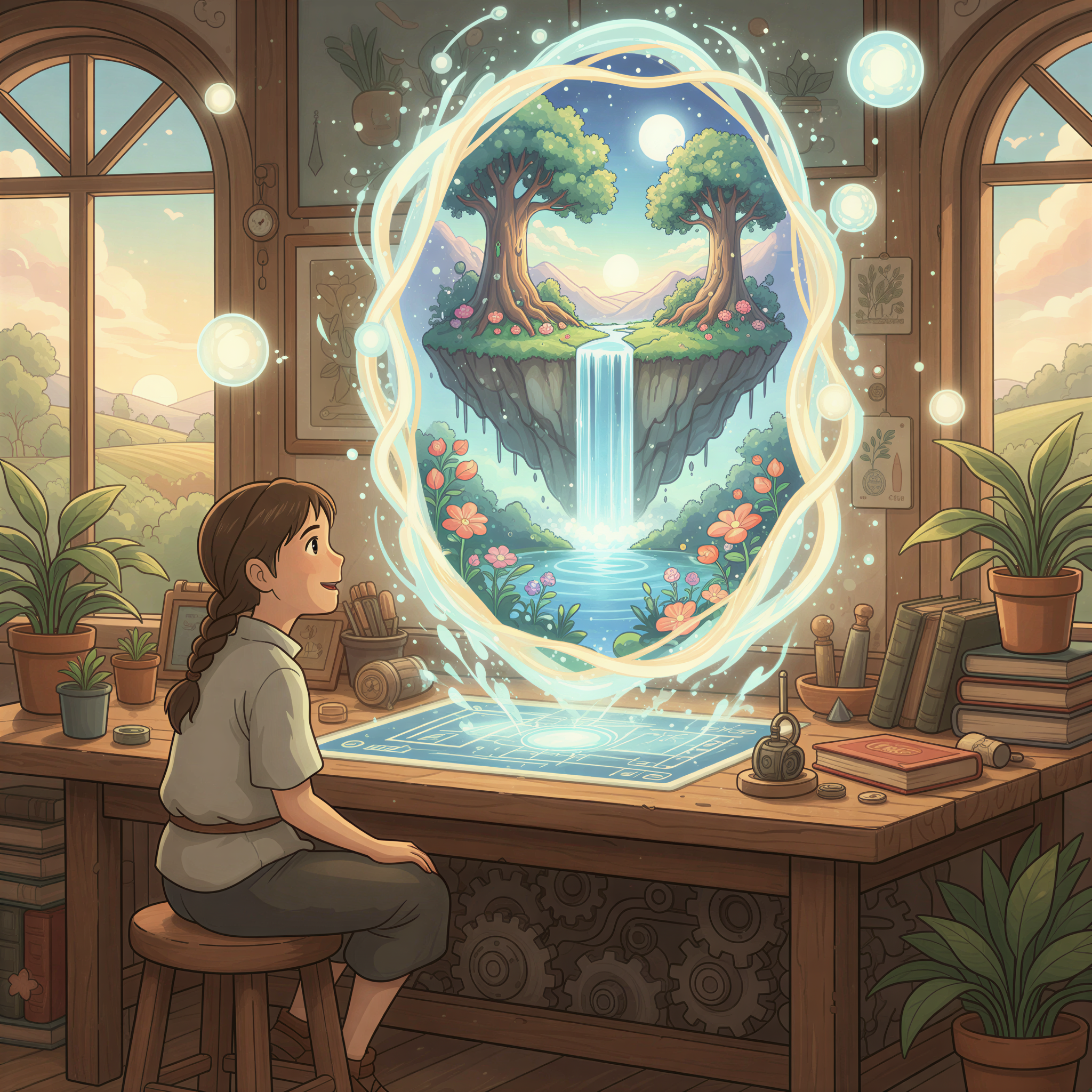 Ghibli style depiction of a magical looking drafting table where a unique, never-before-seen illustration is materializing directly from a glowing digital interface.