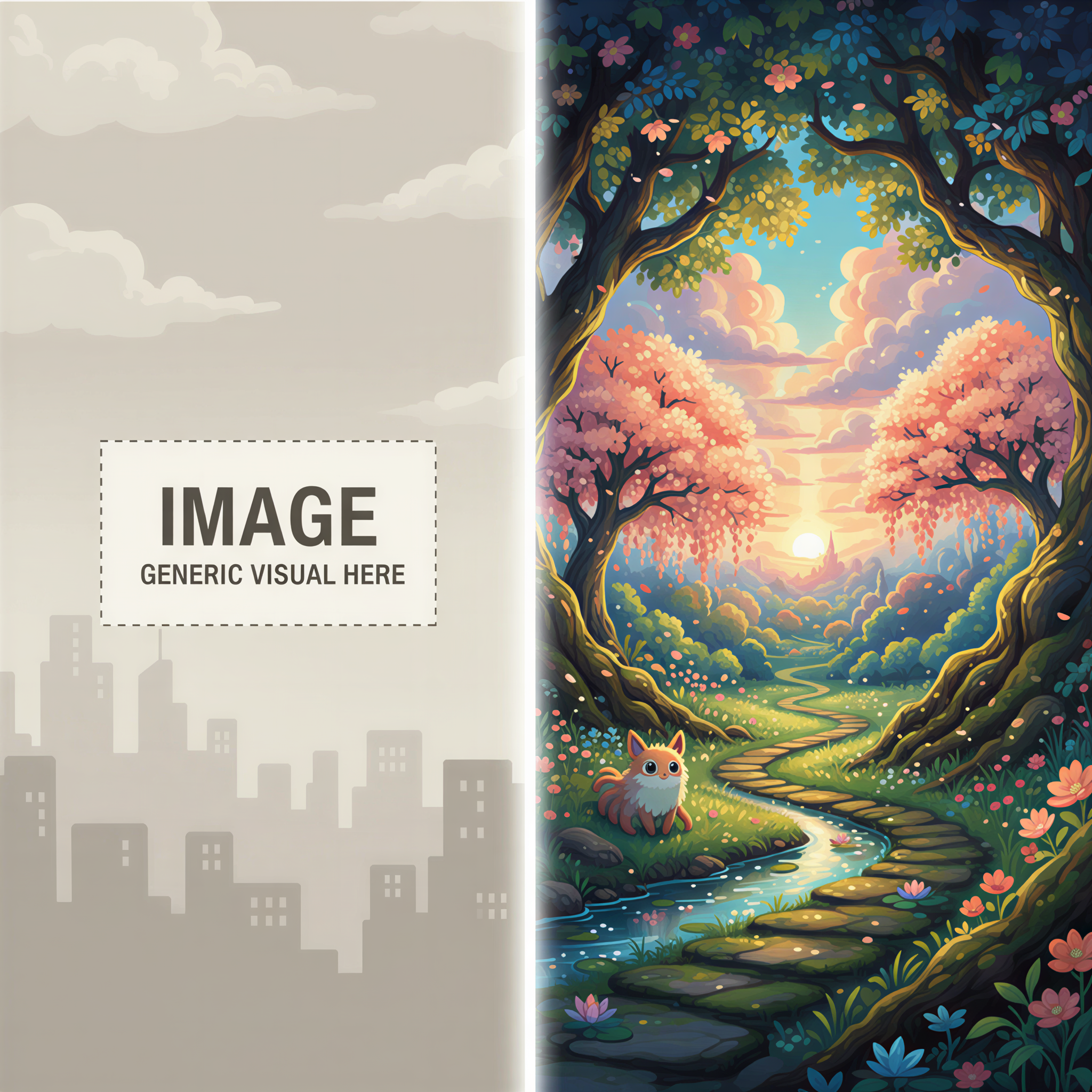 A before-and-after visual in Ghibli style: one side shows a dull photo template, the other side explodes with vibrant custom Ghibli illustration, symbolizing transformation.
