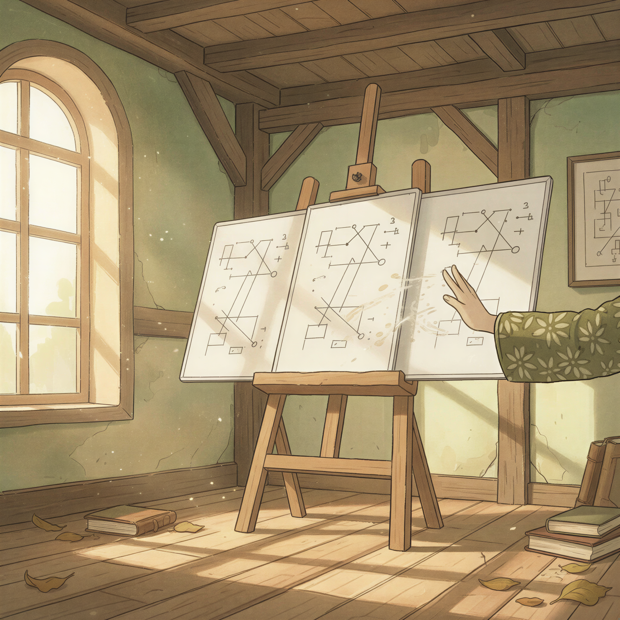 Ghibli illustration showing a stack of identical whiteboards labeled with generic concepts, and a hand automatically covering one with a dismissive gesture, symbolizing pattern recognition.