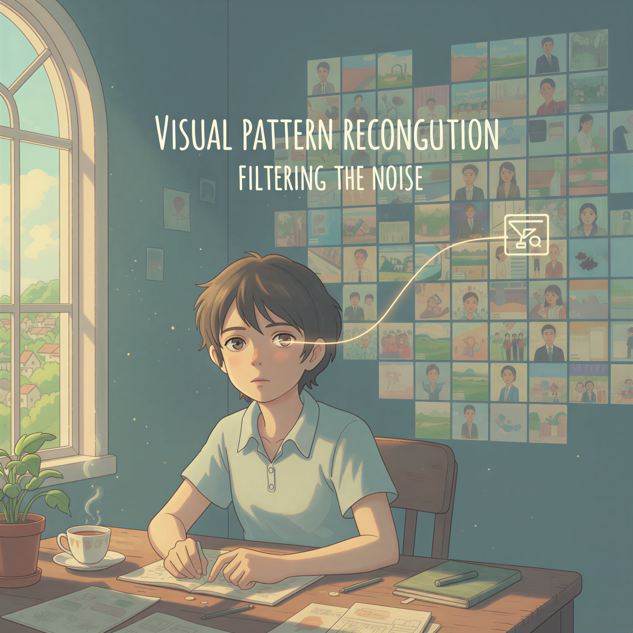 Studio Ghibli illustration depicting a person looking straight ahead, but their eyes appear to be filtering out a background pattern of identical, repetitive, muted images symbolizing banner blindness.
