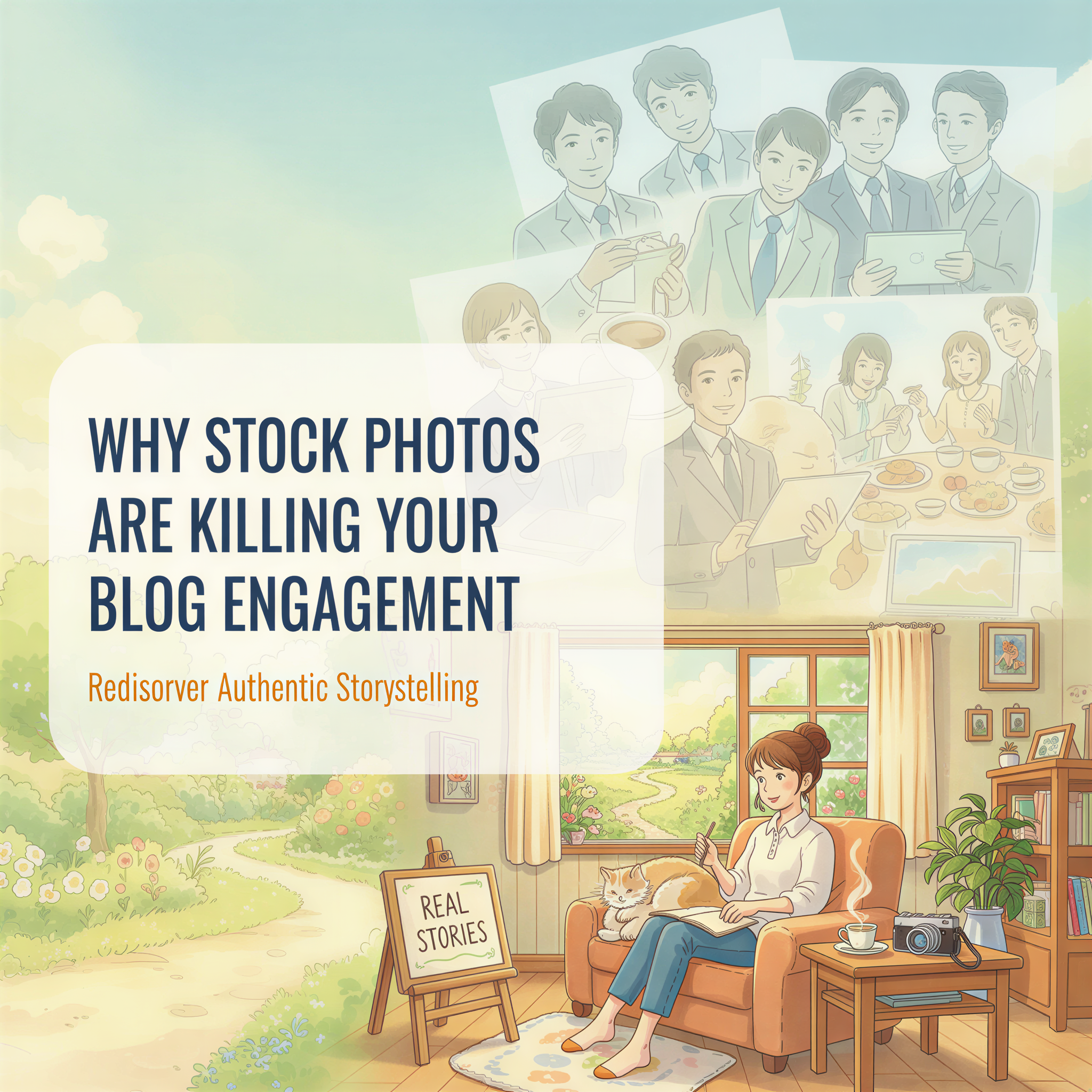 Studio Ghibli style illustration featuring a stack of generic, fading stock photos contrasted with one vibrant, custom illustration, overlaid with the title.