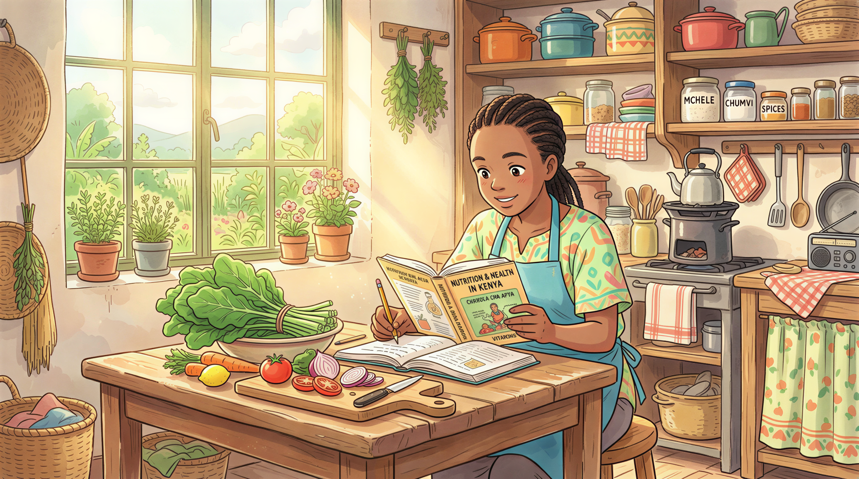 Kenyan student in a warm kitchen reflecting on nutrition study