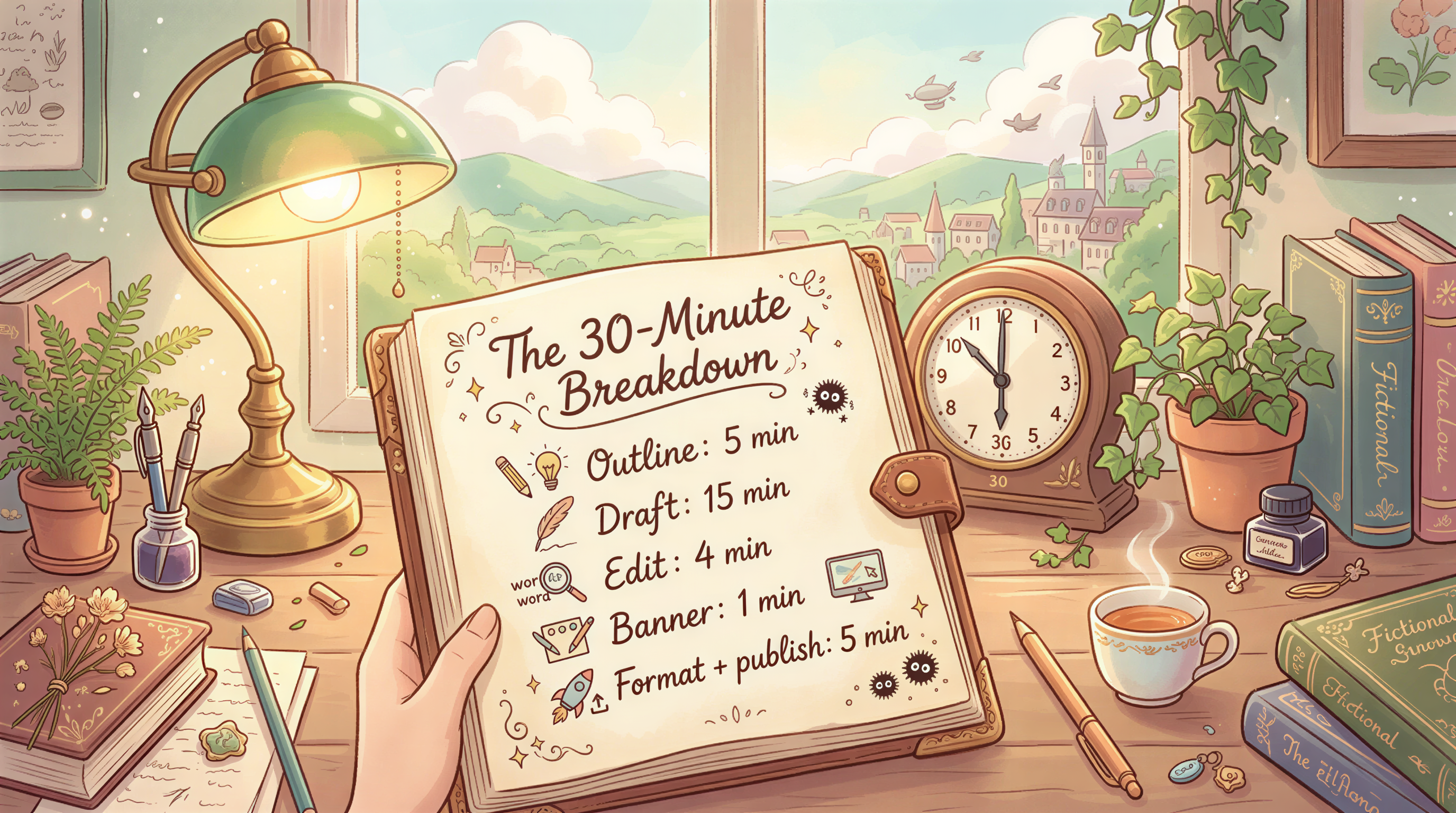 Illustration of the 30-minute breakdown steps on a planner at a cozy desk