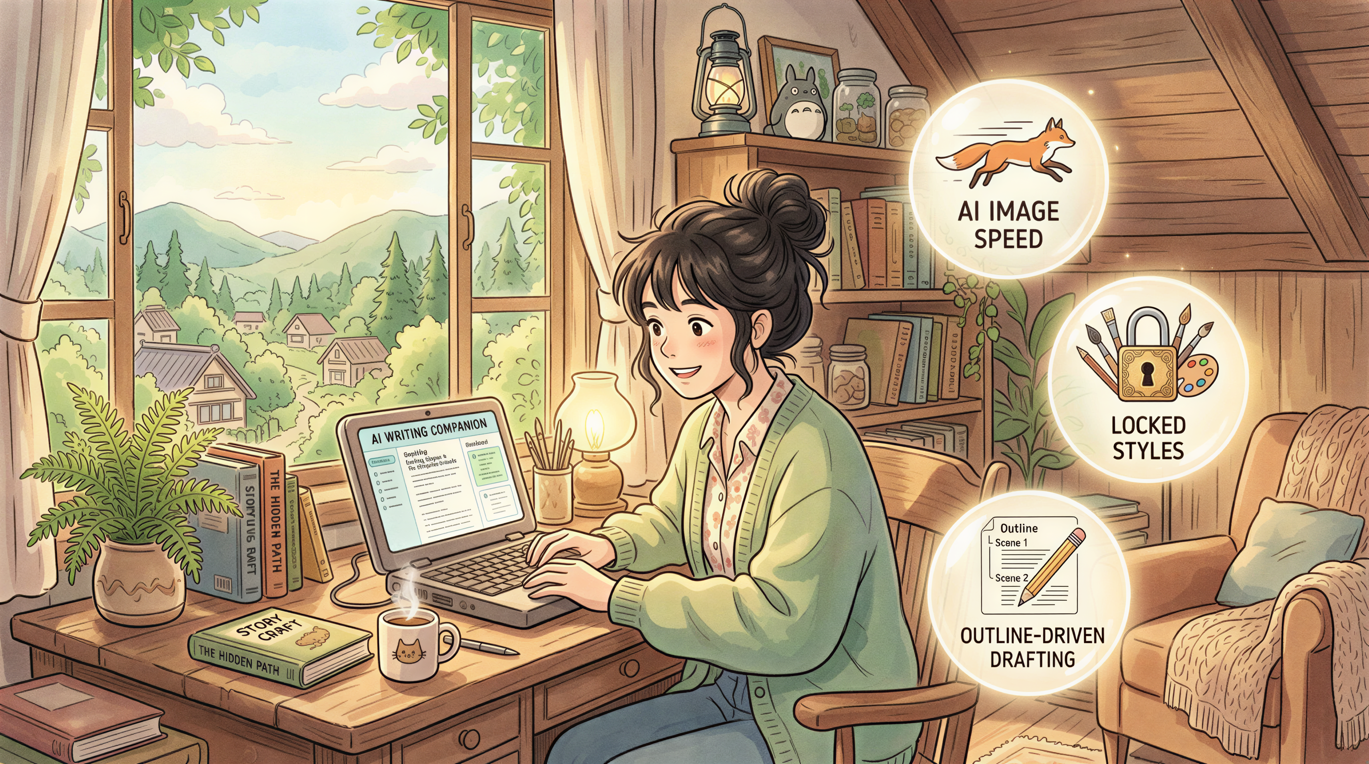 Studio Ghibli-inspired desk scene showing changes: AI speed, locked styles, outline-driven drafting in 2026