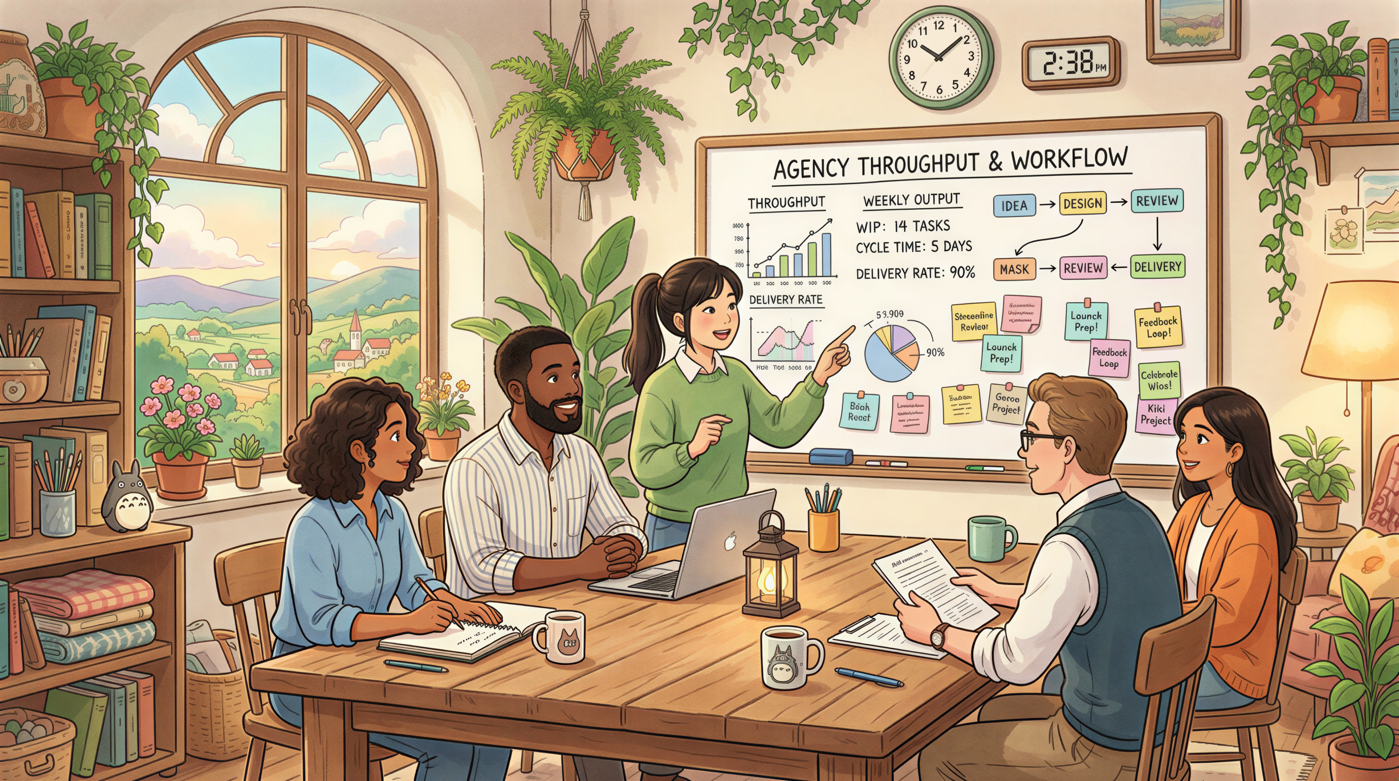 Diverse content agency team discussing throughput and headers in a warm Studio Ghibli setting