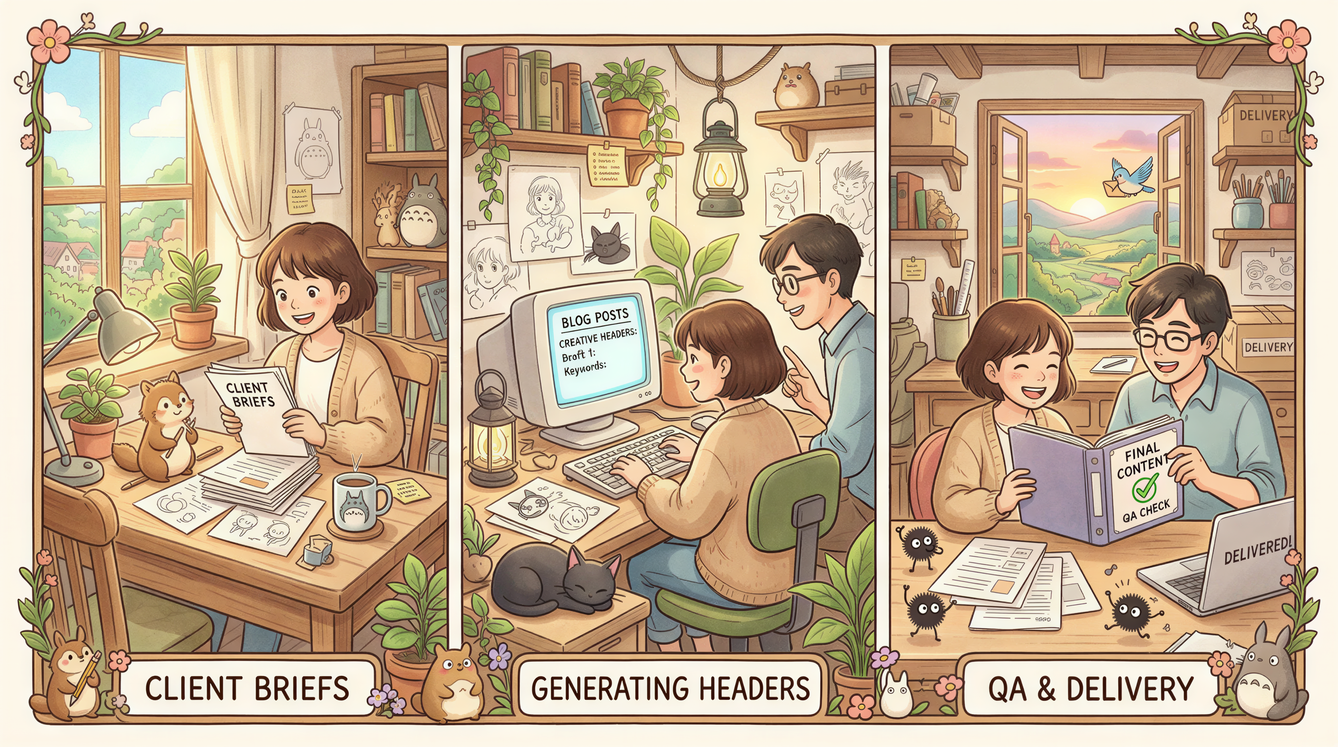 Visual of a concrete daily workflow for header generation: briefs, generation, QA