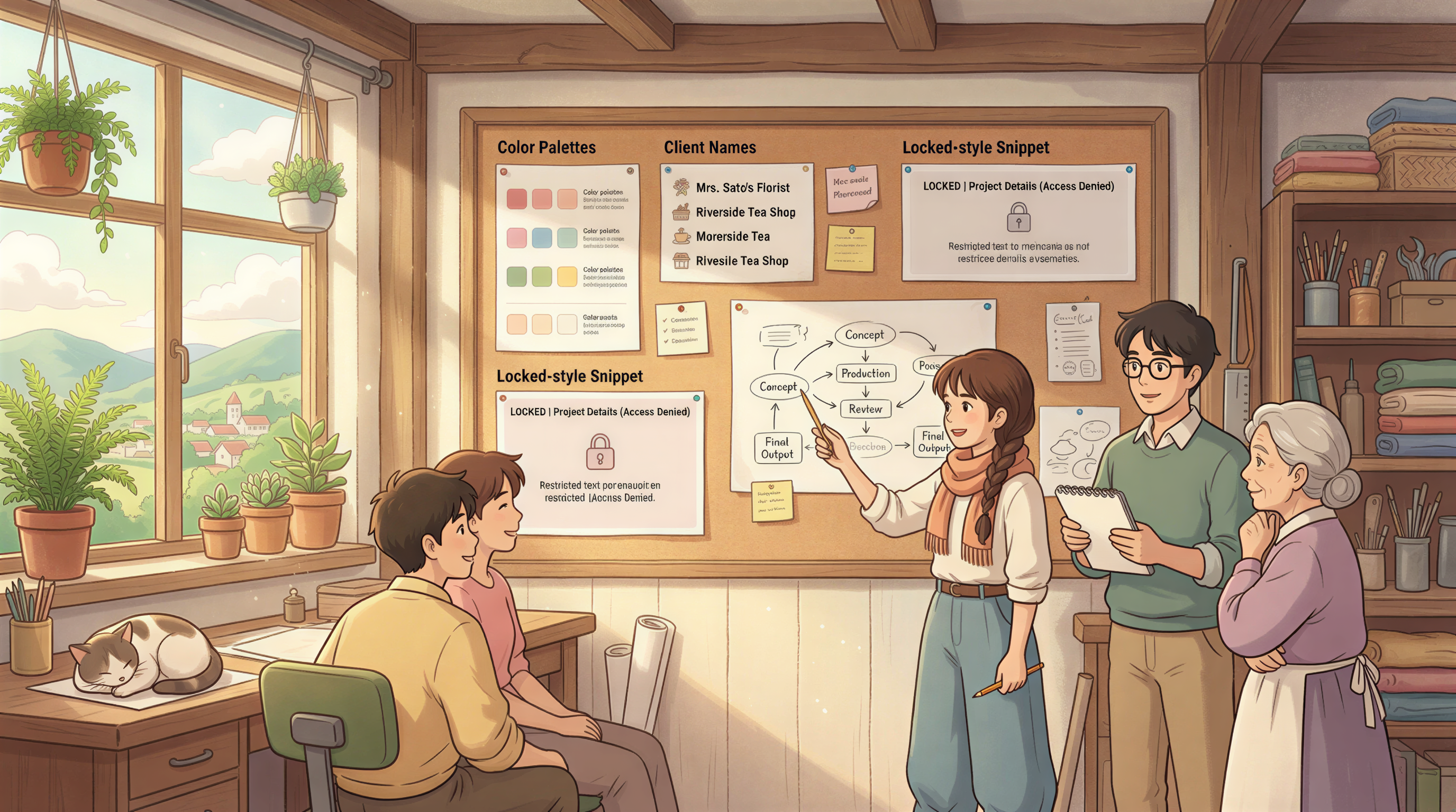 Team outlining the locked-style-per-client system with snippets and palettes