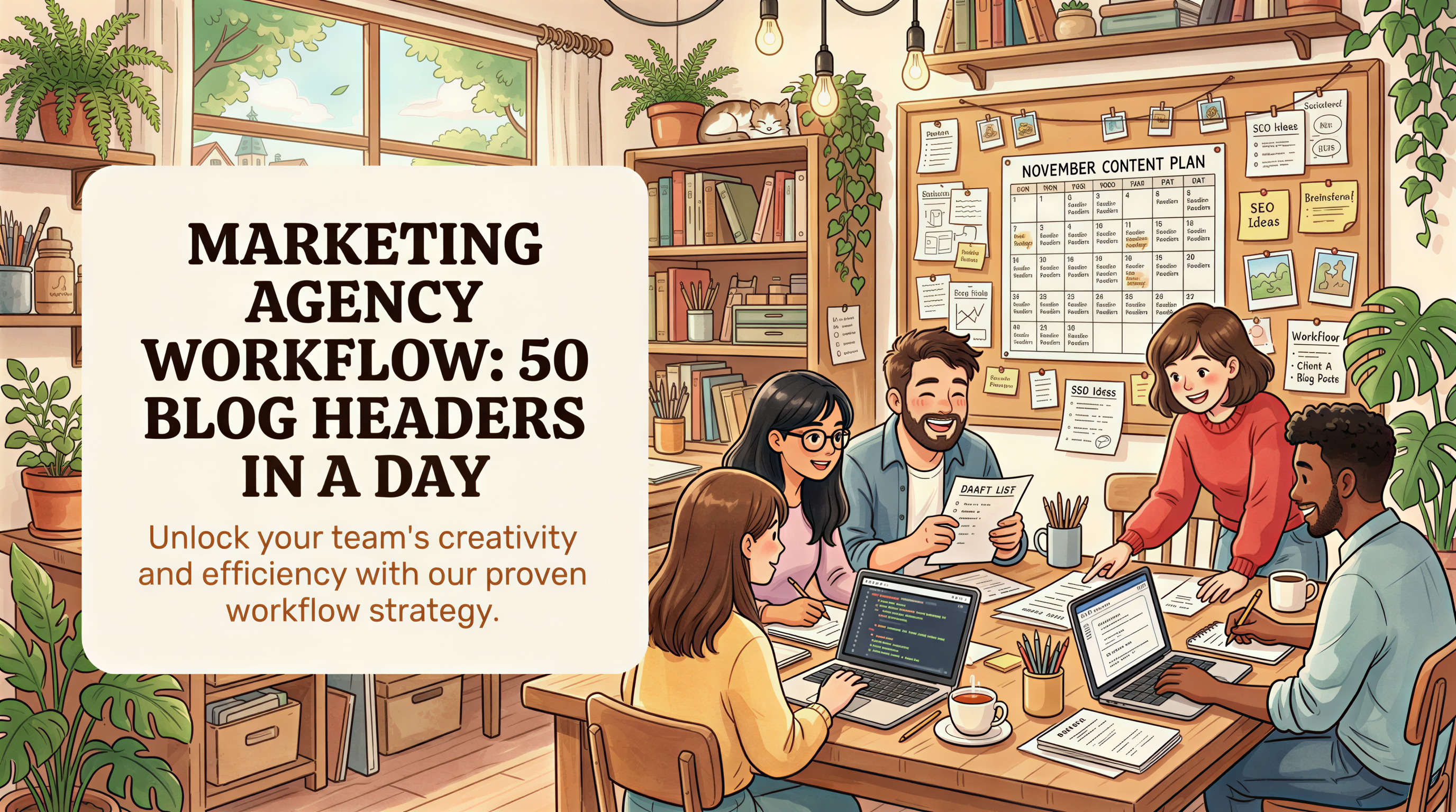Studio Ghibli-style banner illustrating a content agency workflow generating 50 blog headers per week