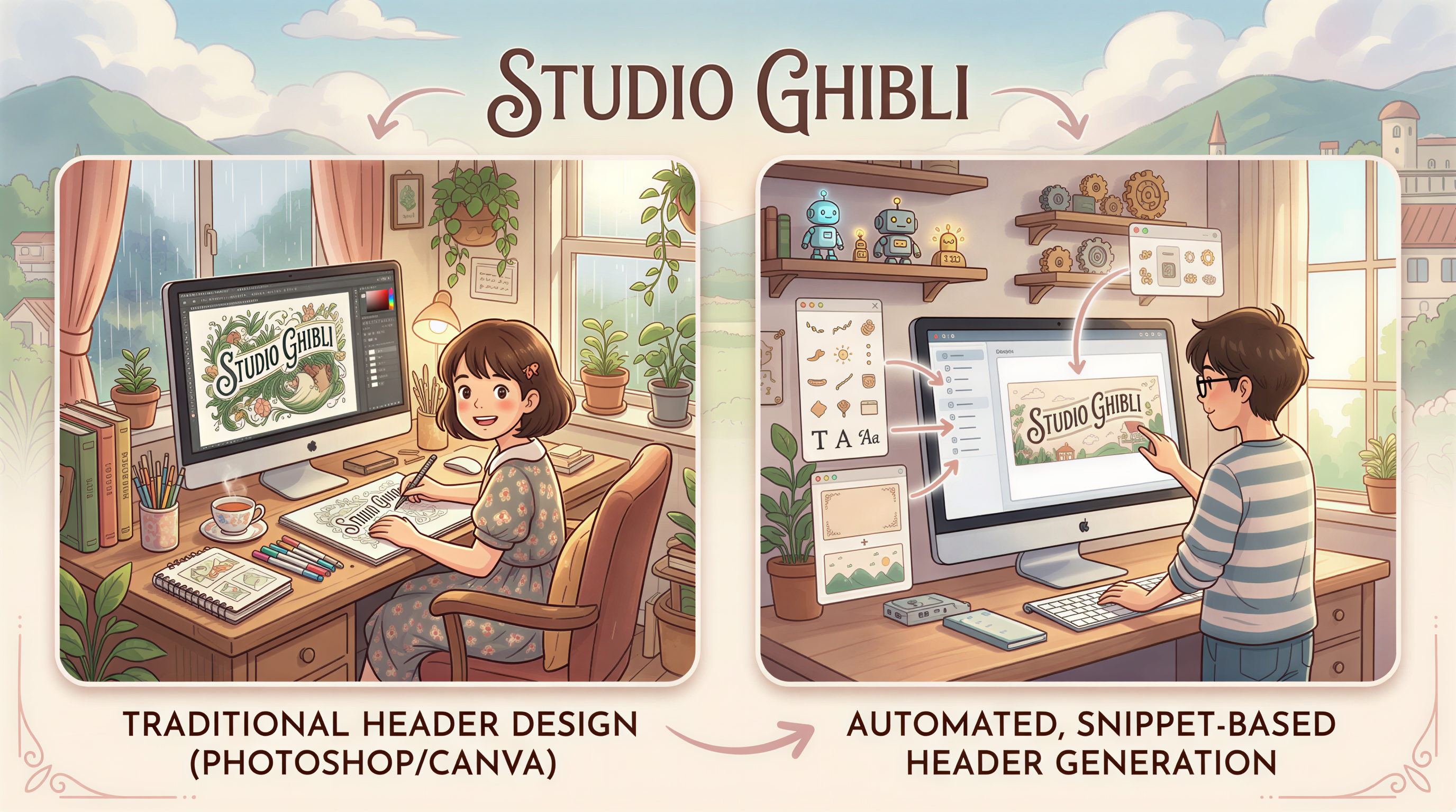 Old vs new header creation workflow comparison in a cozy Studio Ghibli style