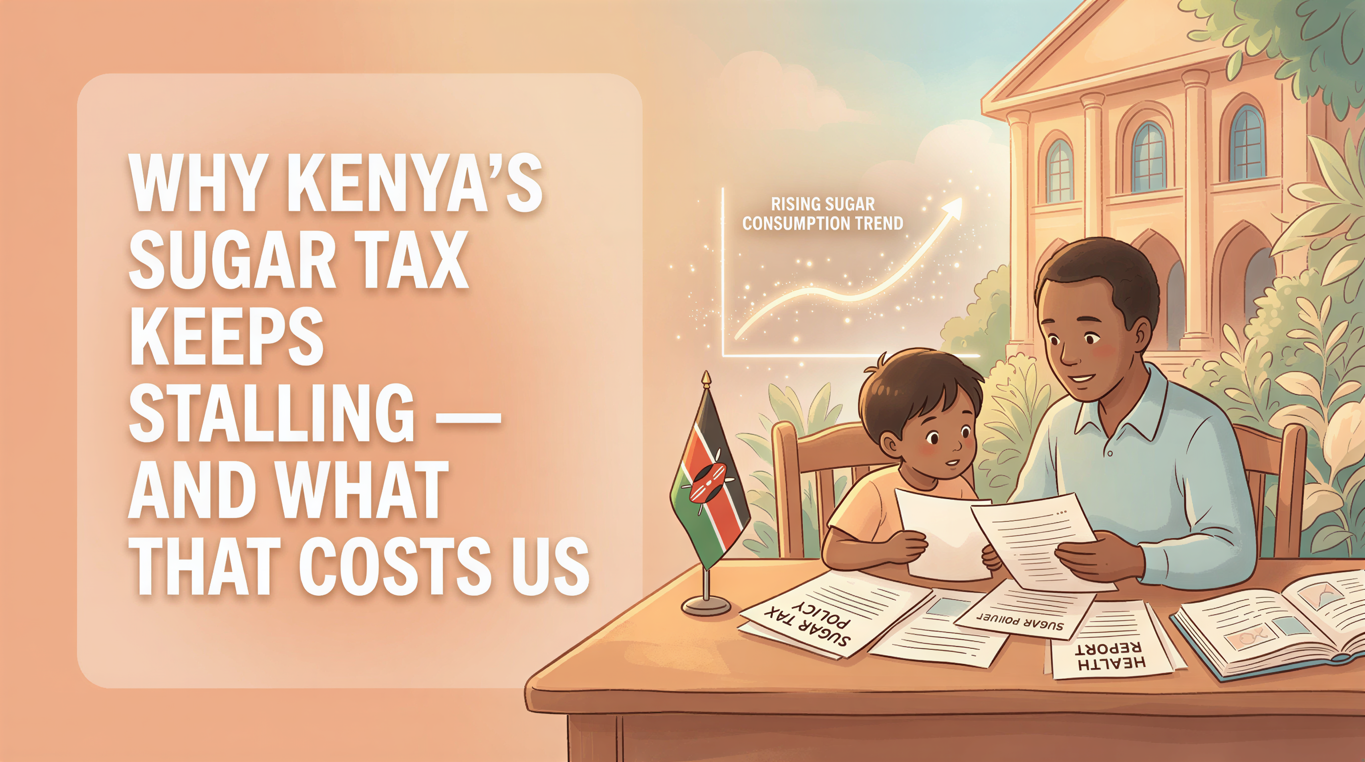 Studio Ghibli-inspired banner for Kenya sugar tax article with warm pastel tones