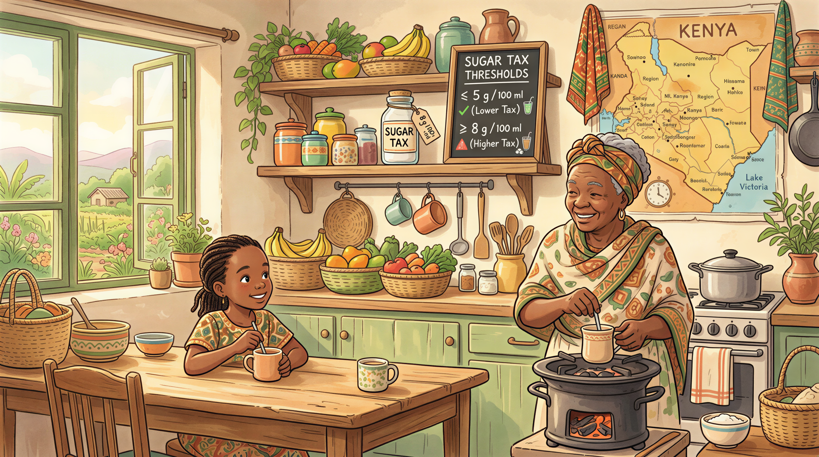 Explanation visuals of sugar tax concept in Kenya with beverages and thresholds