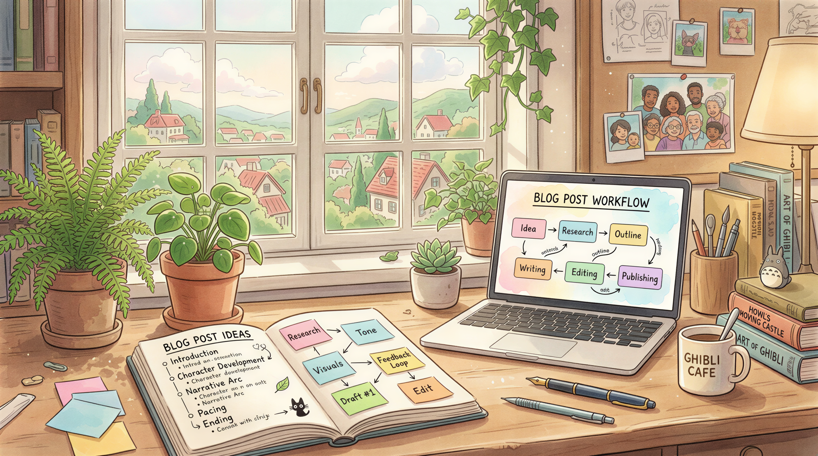 Outline notes and interconnected post ideas on a desk