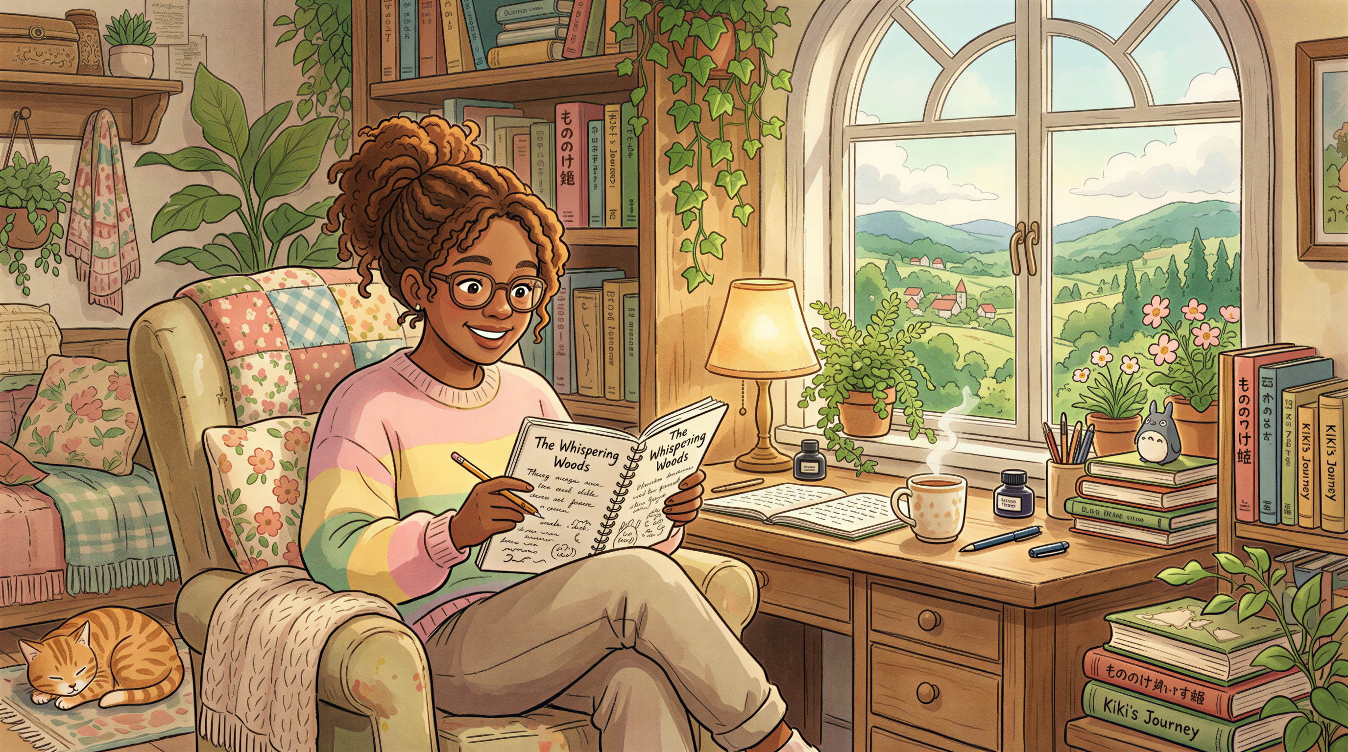 Writer in a cozy room with a friendly tone and warm smile