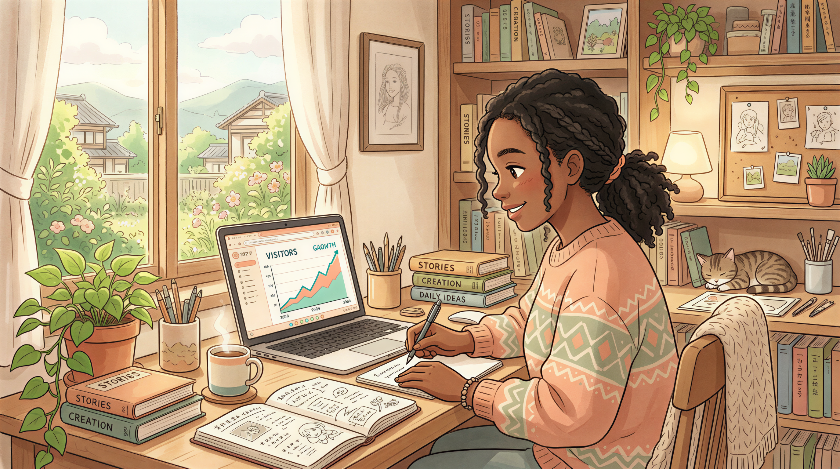 Weekly posting boosts traffic with rising chart on laptop at cozy desk