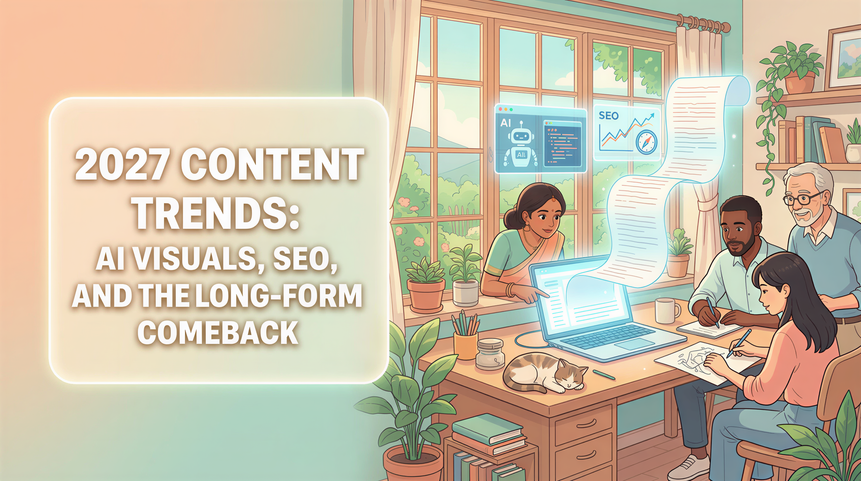 Studio Ghibli-inspired banner exploring AI visuals, SEO, and the long-form comeback in 2027