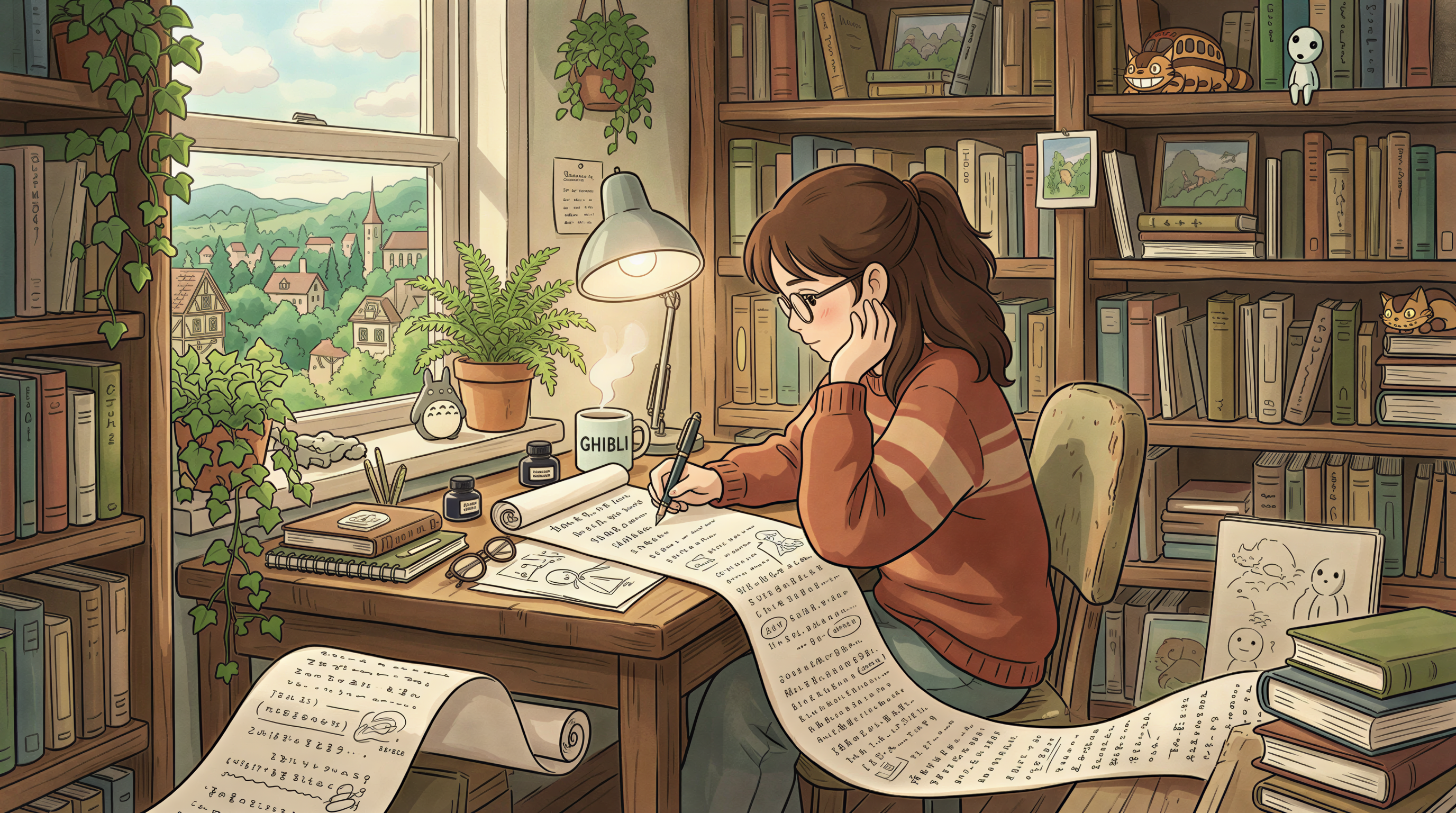Writer drafting a long-form pillar blog post on a cozy desk with a long document