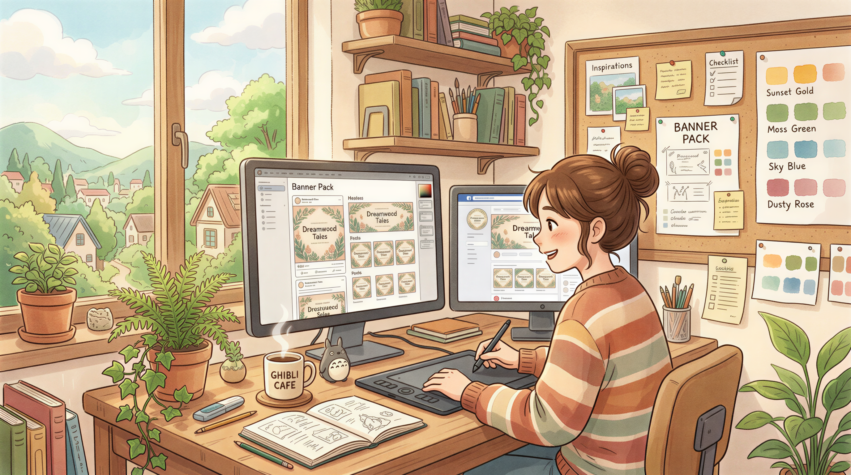 Designer aligning visuals across blog posts with a consistent banner pack