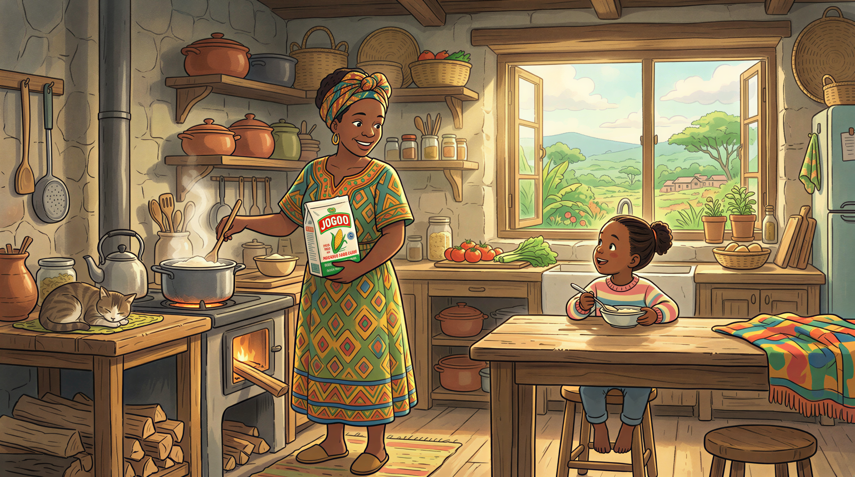 Kenyan family discussing fortification goals in a warm kitchen with fortified maize flour