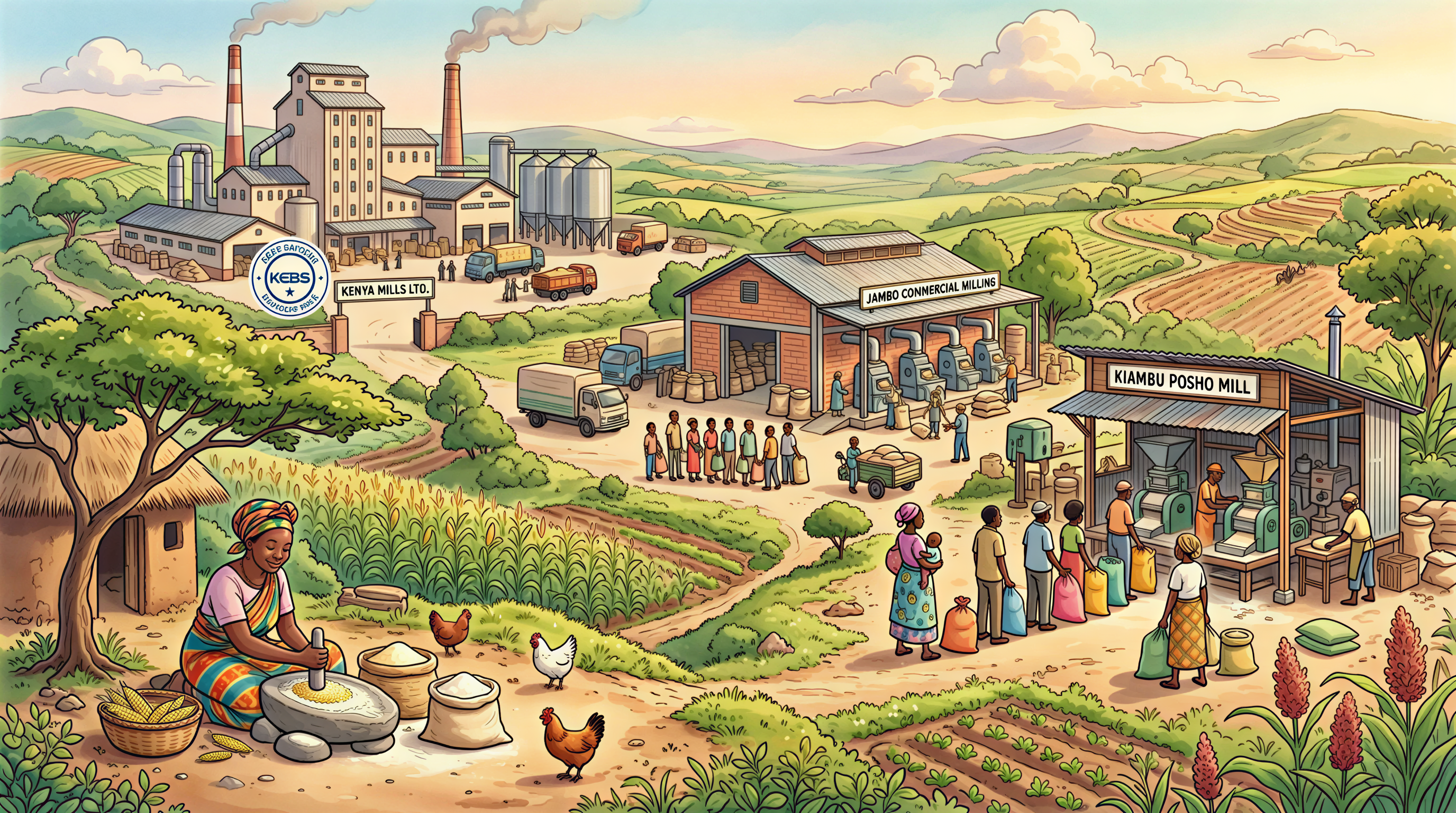 Diverse Kenyan mill types and workers illustrating fortification coverage