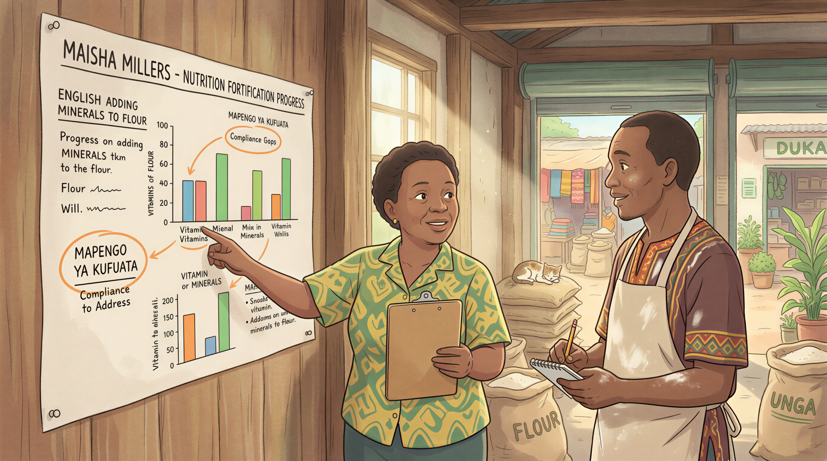 Compliance gaps in maize fortification depicted with charts and a regulatory figure