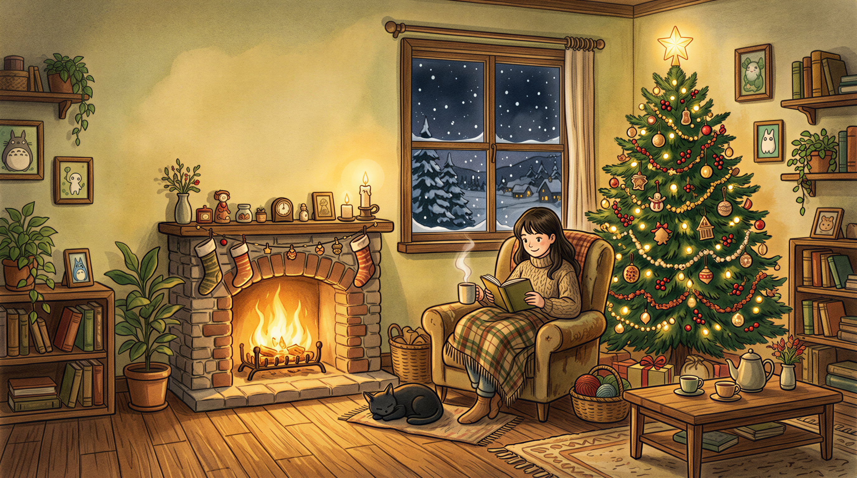Cozy winter living room with softly lit tree