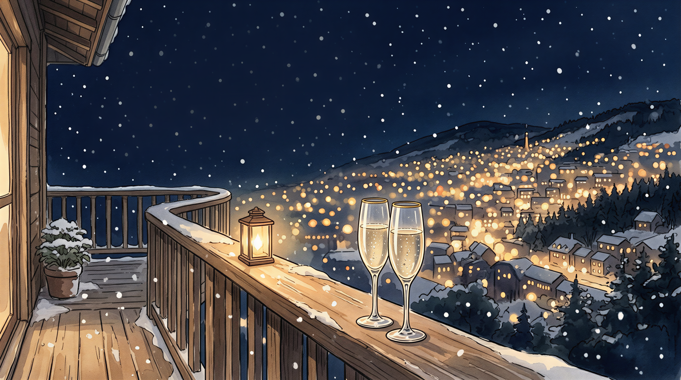 New Year’s Eve balcony scene with city lights and champagne glasses