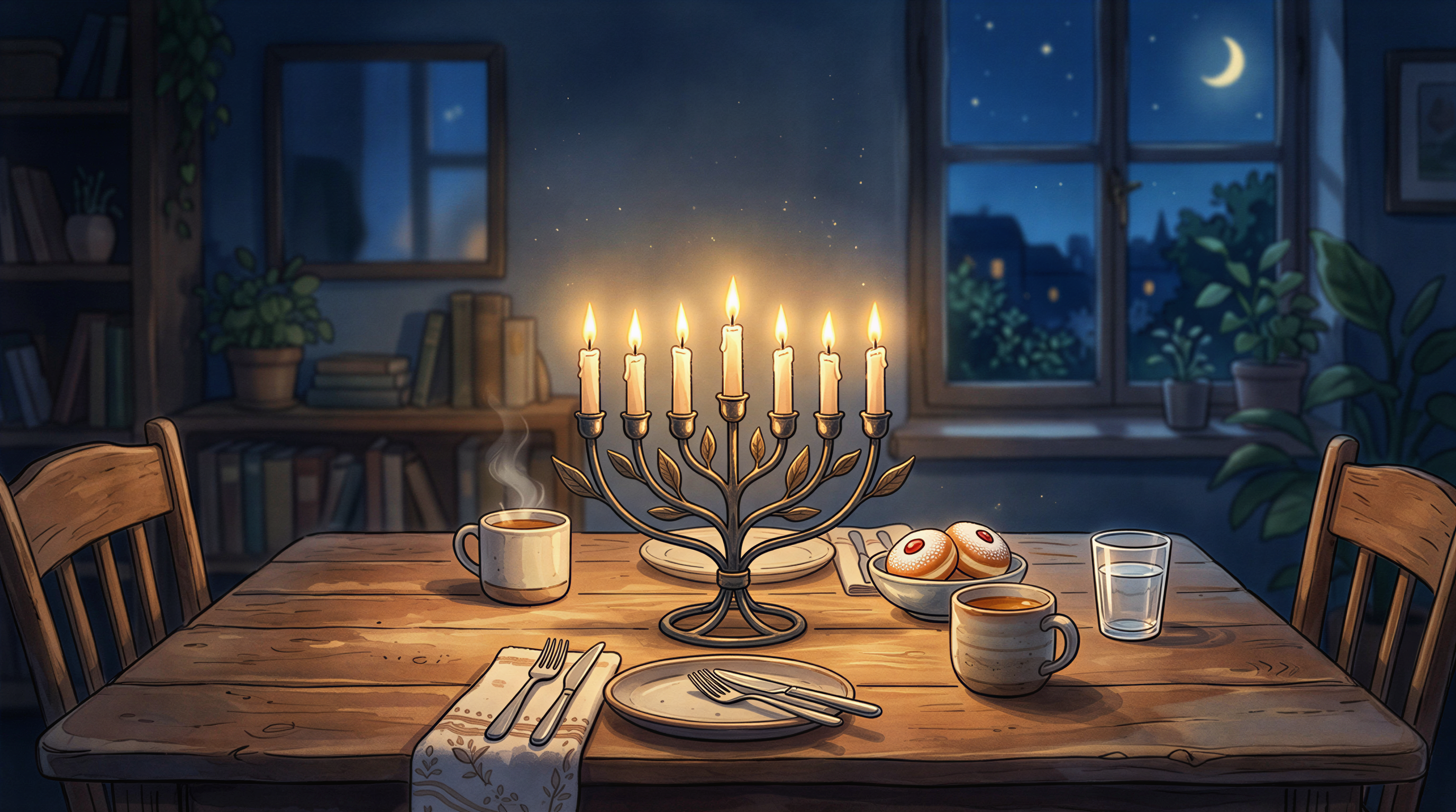 Hanukkah table with a glowing menorah in Studio Ghibli style