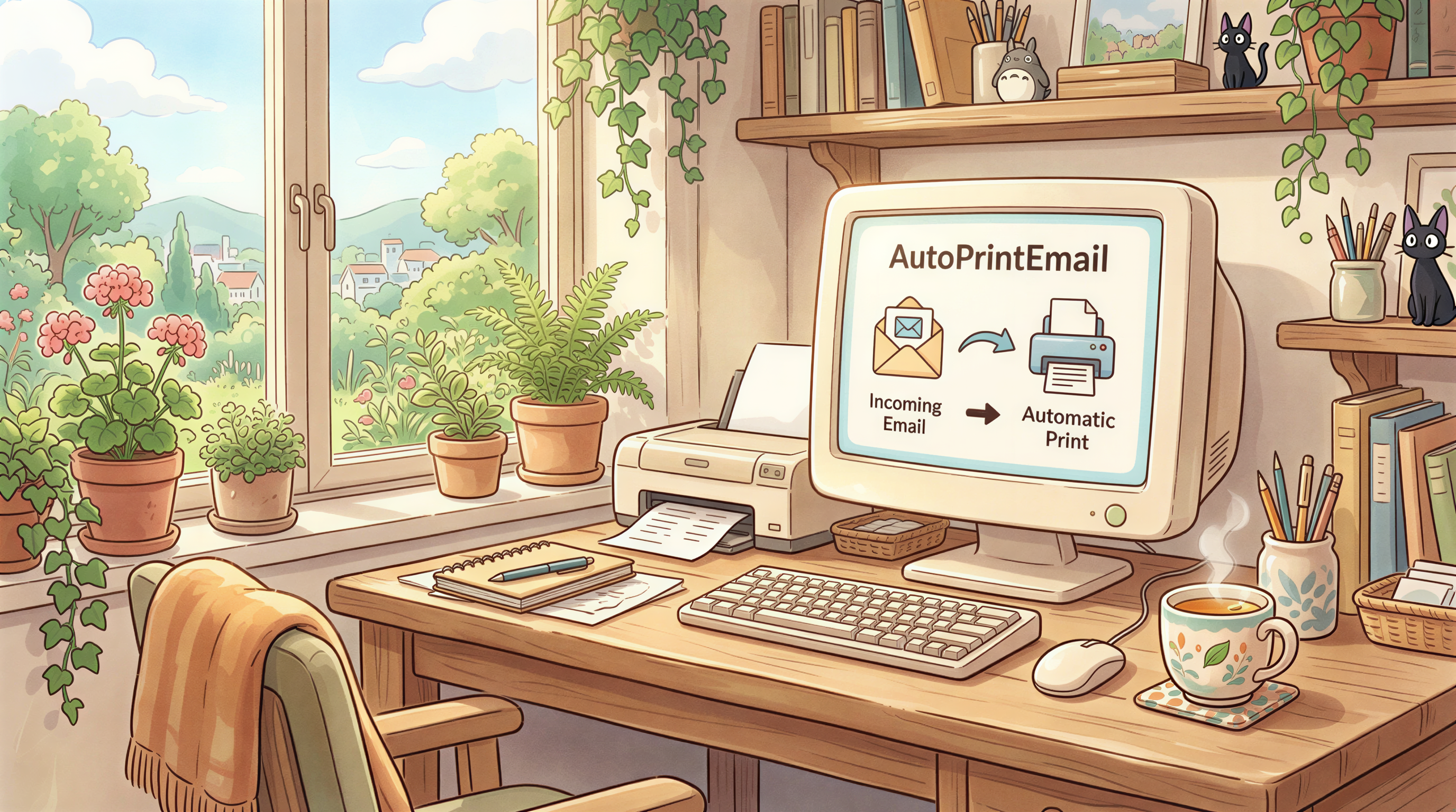 AutoPrintEmail visual: Desktop app on screen showing AutoPrintEmail workflow to printer