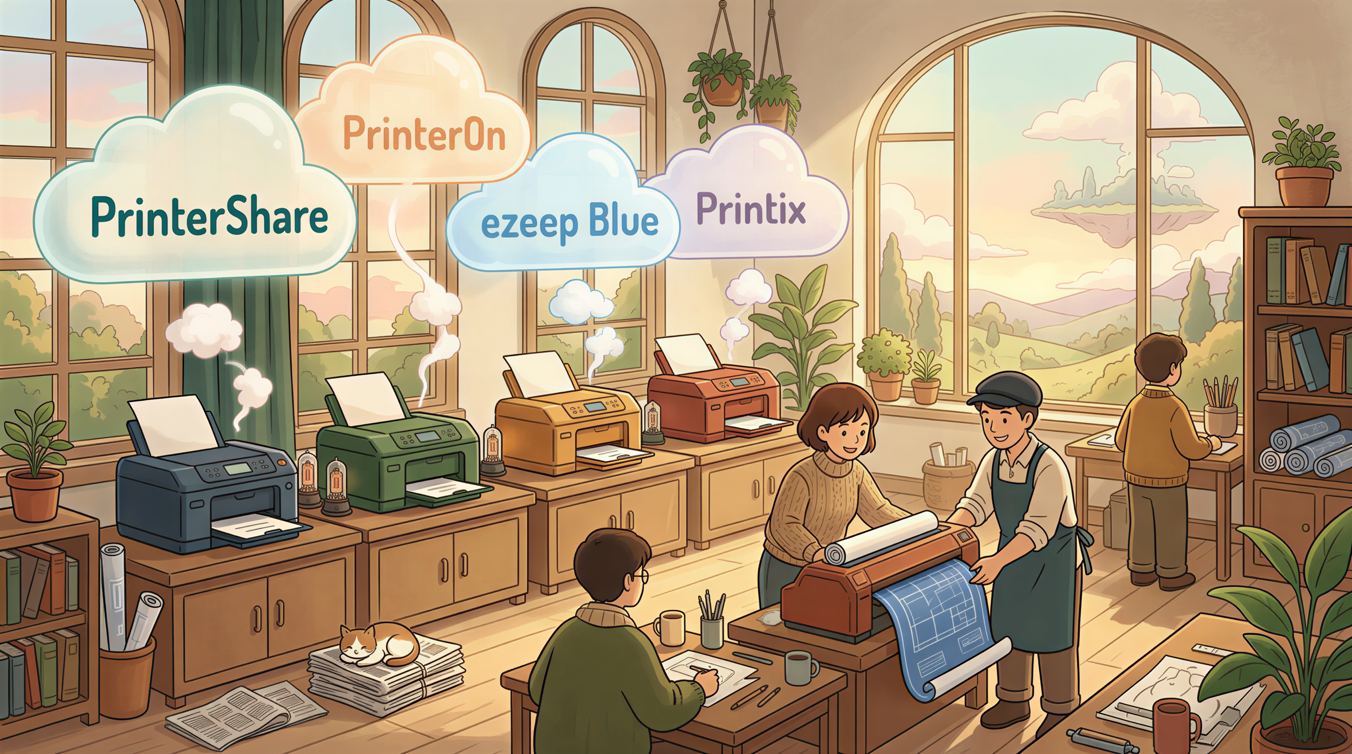 Cloud print options represented by printers and clouds labeled with services