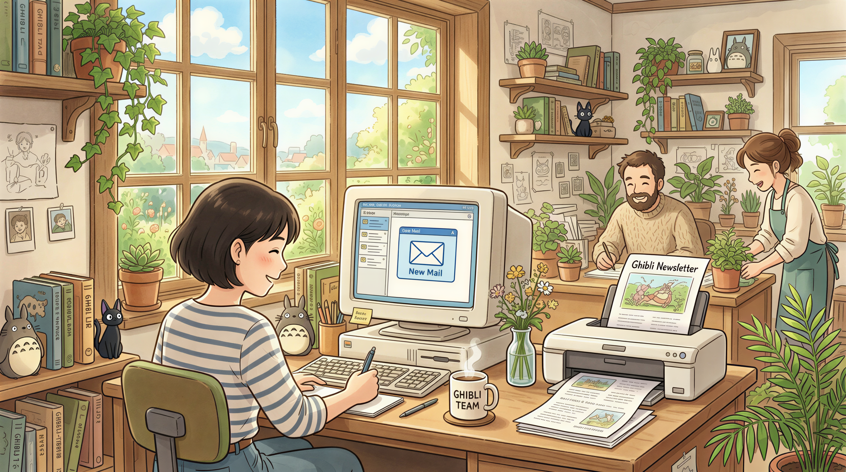 Inbox-to-print: emails auto-printing at a cozy office desk with printer
