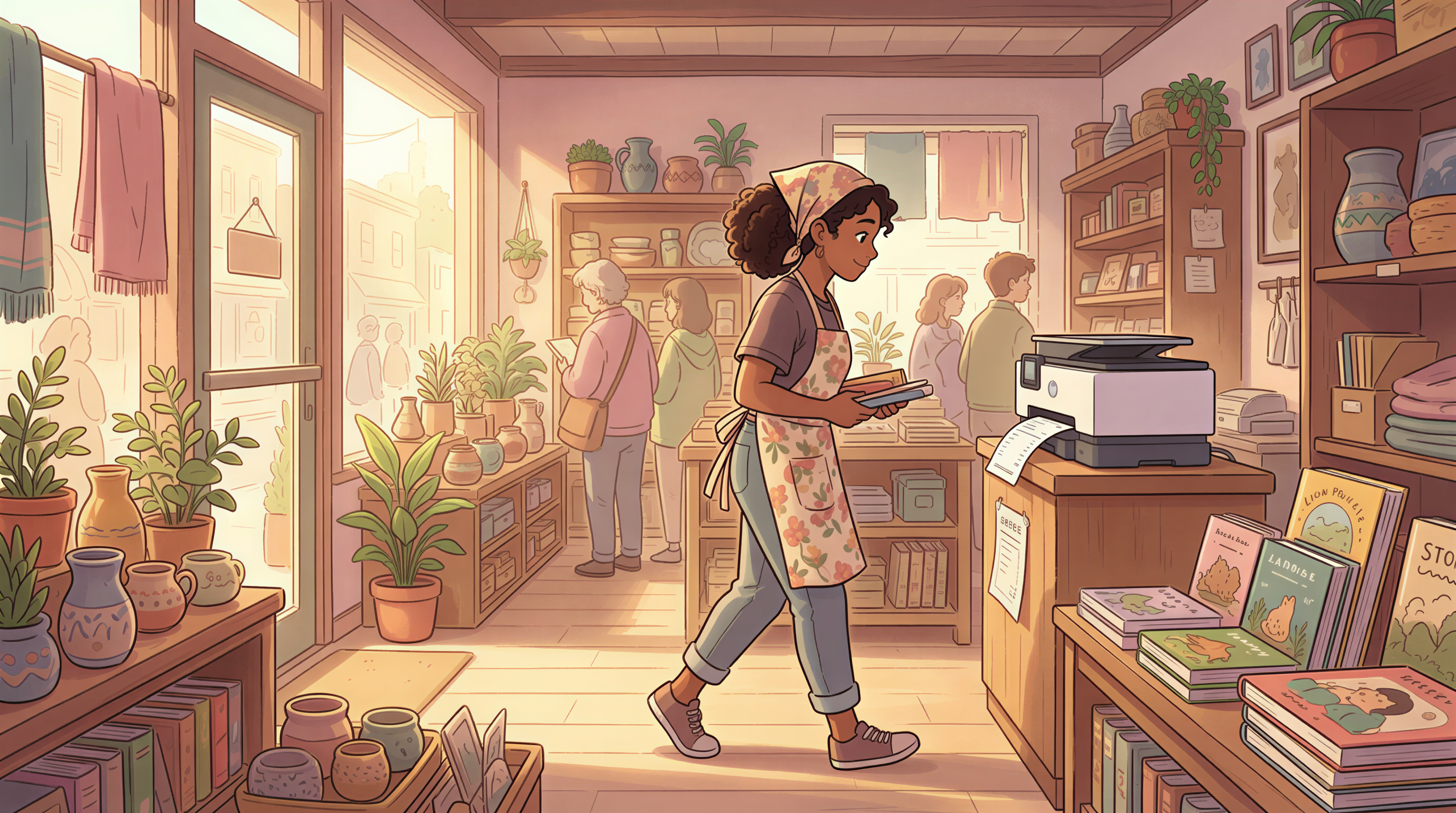 Staff member grabbing a printed order slip near the back office of a shop.